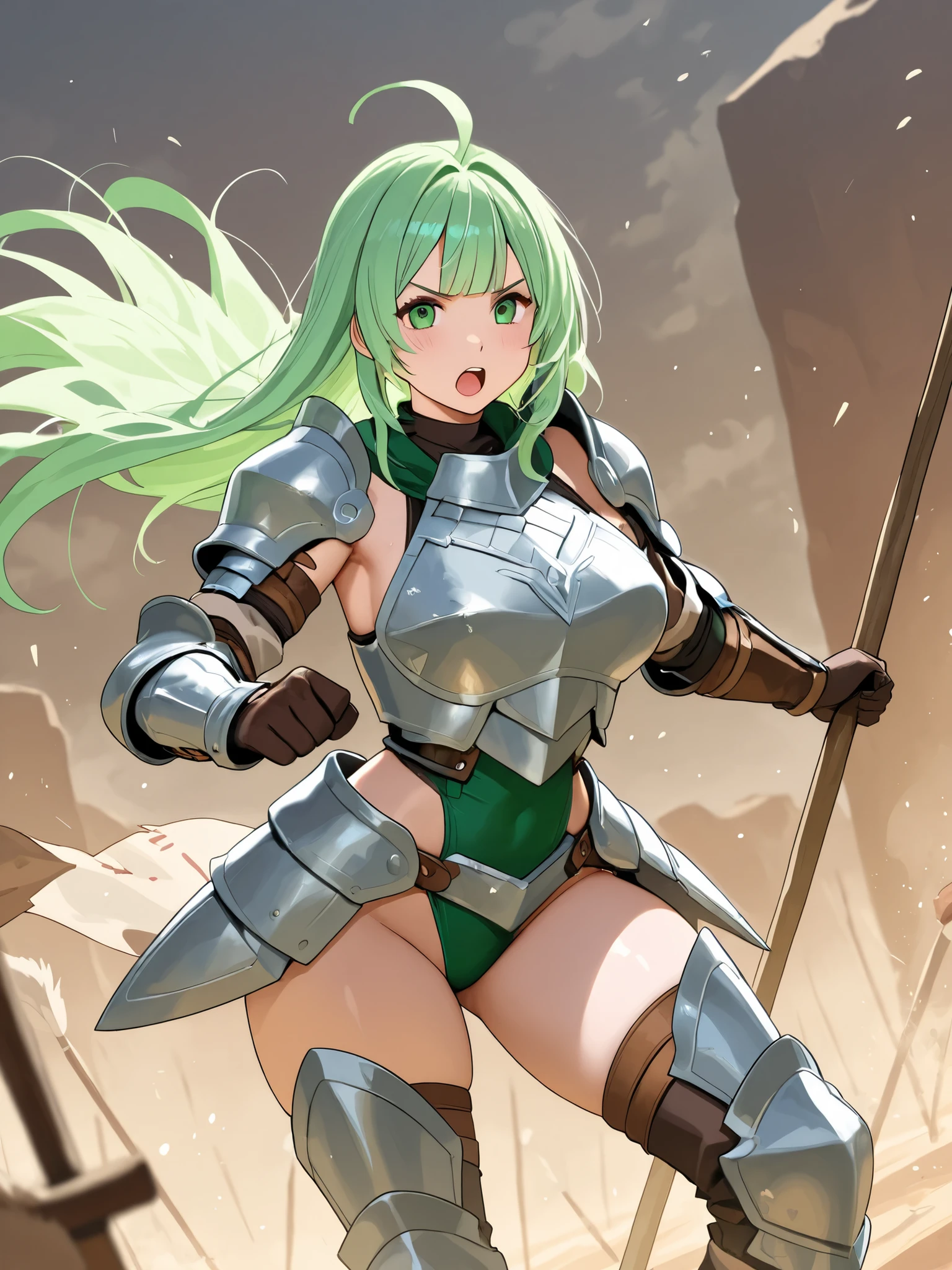 Copper bikini armor, copper crown, bare belly, big breasts, green hair, red eyes, bikini armor, copper, technology