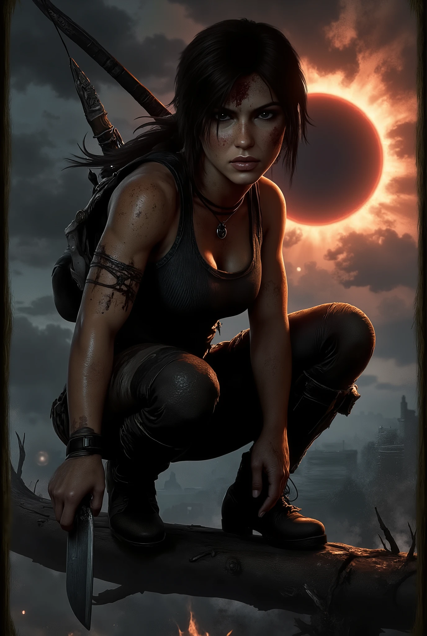 The picture shows Lara Croft, known from the game Shadow of the Tomb Raider, AMint egy fa ágán egyensúlyozik vagy éppen mozgásra készül, in an extremely dramatic and dangerous environment. In the background you can see a stunning solar eclipse, AMi egyedi hangulatot kölcsönöz a képnek.

General mood and composition:
The picture is dark, but still contains bright colors in the eclipse due to. The mood is tense, action-packed and also mystical, due to the eclipse and the presence of ancient ruins. A kompozíció dinAMikus, Lara is depicted in motion, while maneuvering through the dangerous environment.

Character:
Lara Croft is the central figure of the picture, who squats or half-stands on a thick tree branch. His posture is tense, is ready, AMi arra utal, x} that you are just in the middle of an action or stealth.

What he does:
Lara balances on the tree branch, cling to the branch with his left hand, while holding a machete or large knife in your right hand, with her tip turned down. With her right foot resting on the branch, and her left leg slightly holds forward. Seems, as if would like to jump off, or watching a target would. His body from the front, her center of gravity is on the tree branch.

hair:
long, her dark brown hair is braided in pigtails, AMi a mozgásától és a háttér fényétől kissé elszáll. Some strands fall freely in his face, AMi a kalandok során szerzett kócos megjelenést erősíti. The light in the background gives his hair a reddish tint.

Body and face:
Her physique is athletic and muscular, AMi a fizikai képességeit hangsúlyozza. His skin appears dark in the twilight light, and dirt, traces of mud or blood are visible on it, especially on her arms and face, AMi a harc és a túlélés nyomait viseli. Her face is determined and focused, gaze sharp, figyelmét valAMi leköti. His facial features are realistic and expressive.

Clothing and equipment:

upper: A dark color, He wears a sleeveless jersey, AMely testhezálló és kopottnak tűnik.
Bottom: She wears dark cargo pants, AMely számos zsebbel van ellátva, and looks sturdy.
Accessories:
A bow and dagger is fixed on his back with arrows, AM