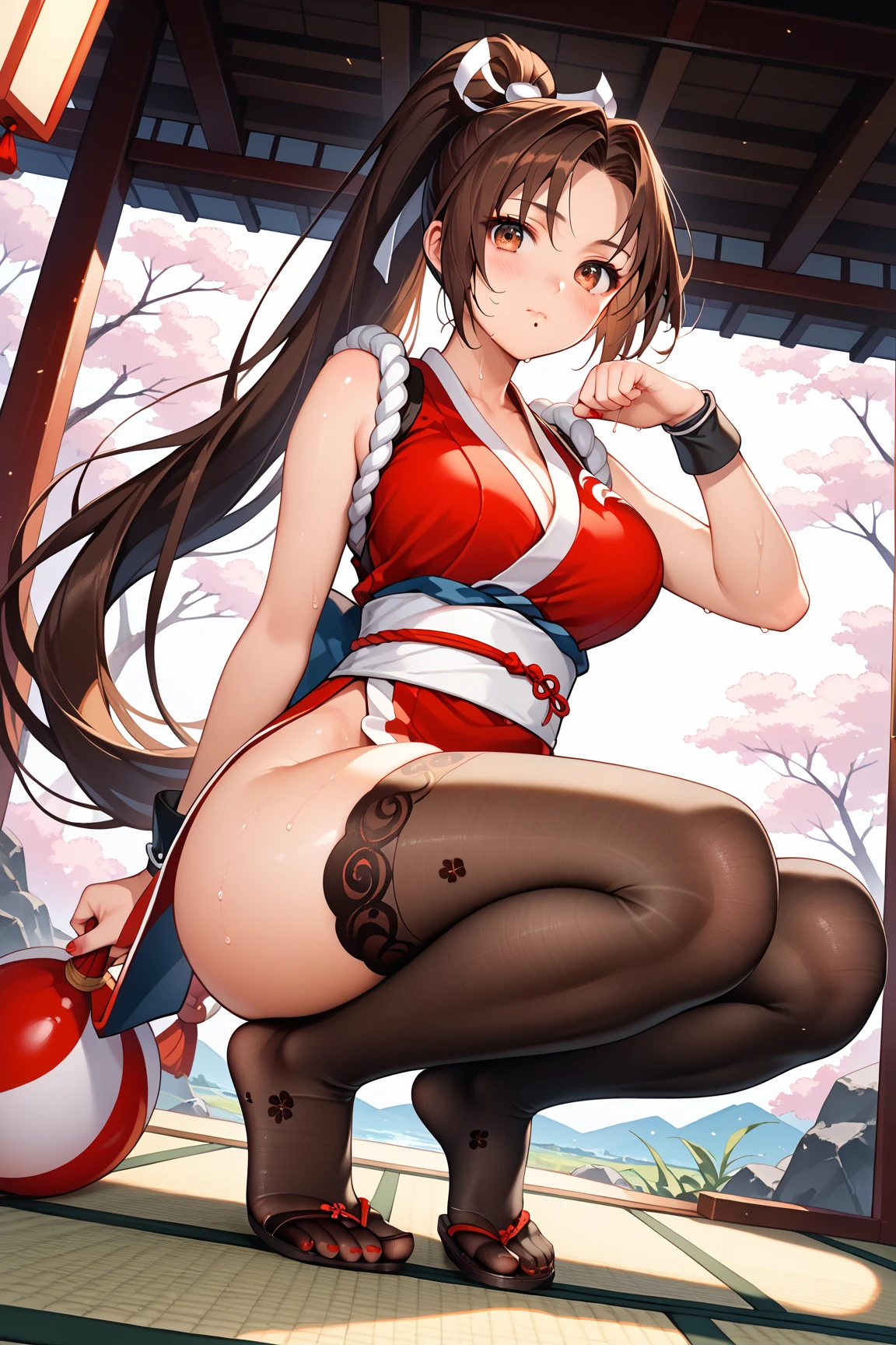 score_9, score_8_up, score_8_up, 1girl, straddling, , vagdetailed background, night, garden, flowers, medieval, forest, grin, collarbone, cum, (nips slipt of bra), ((two-tone bra, thong aside)),cleavage, hu tao frin, panties aside, (nude), woodng, pubic hair, below, heart emote, skindentation, cherry blossoms, hunched forward, solo focus