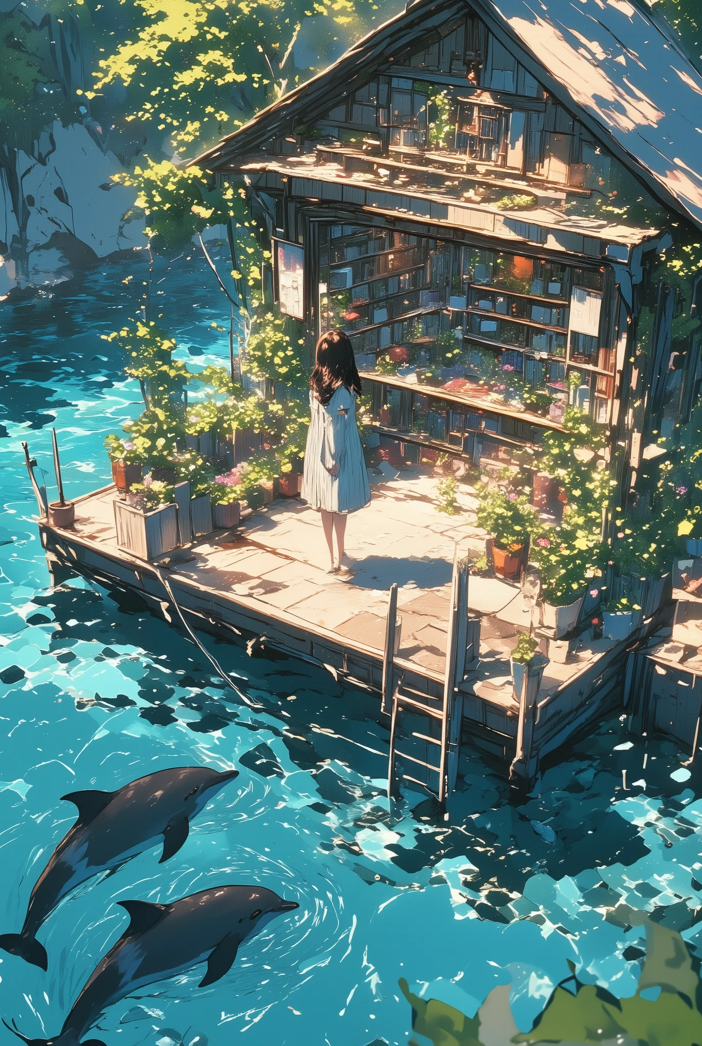 Floating wooden shop on a body of water, tranquil scene. Young woman, dark hair, light blue dress, standing amidst garden-like setting, on small island-like structure.  Shop filled with potted plants, vibrant floral elements, creating aesthetic detail.  Dolphin in calm water, with transparent, blue, and teal hues.  High angle, bird's-eye view perspective.  Water with iridescent qualities, detailed rock patterns.  Wooden construction of the floating shop with natural light and shadows.  Calm, serene, dreamlike atmosphere.  Soft, pastel-like colors with a touch of fantasy.  Detailed, realistic depiction of plants and flowers.  Photorealistic rendering with dreamlike elements.  Tranquil and idyllic mood.