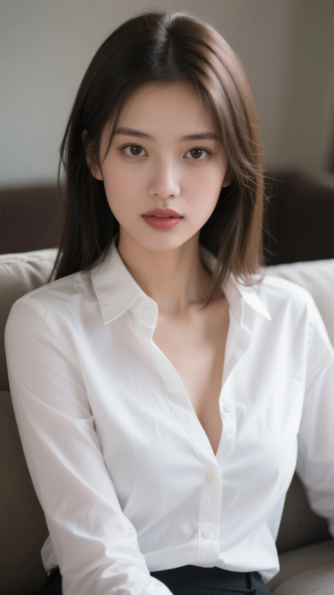 (A woman sitting in an office,dark background, sit on table,poster on wall,A sexy pose,
(((masterpiece))), ((best qualtiy)), ((intricately details)), ((ultra-realistic realism)), Ridiculous res, A MILF, Mature woman, see-through, highly detailed, 1girl, ((huge tit)), perfect hand, detailed finger, Beautiful detailed eyes, High ponytail, with brown eye, (Business clothes), ((very very transparent white shirt)), very very thin shirt, ( absolute cleavage ),off shoulders, hot business skirt,(exposed nipples from her shirt), detailedbackground, perfect eyes, Seductive eye, looking at viewer,shoot From the front