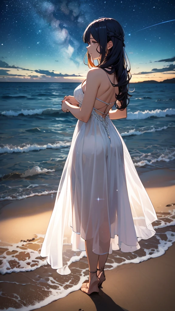 woman enjoying a stroll the beach. age 35. sunset reflecting on the ocean. volumetric light. reflection, refraction.