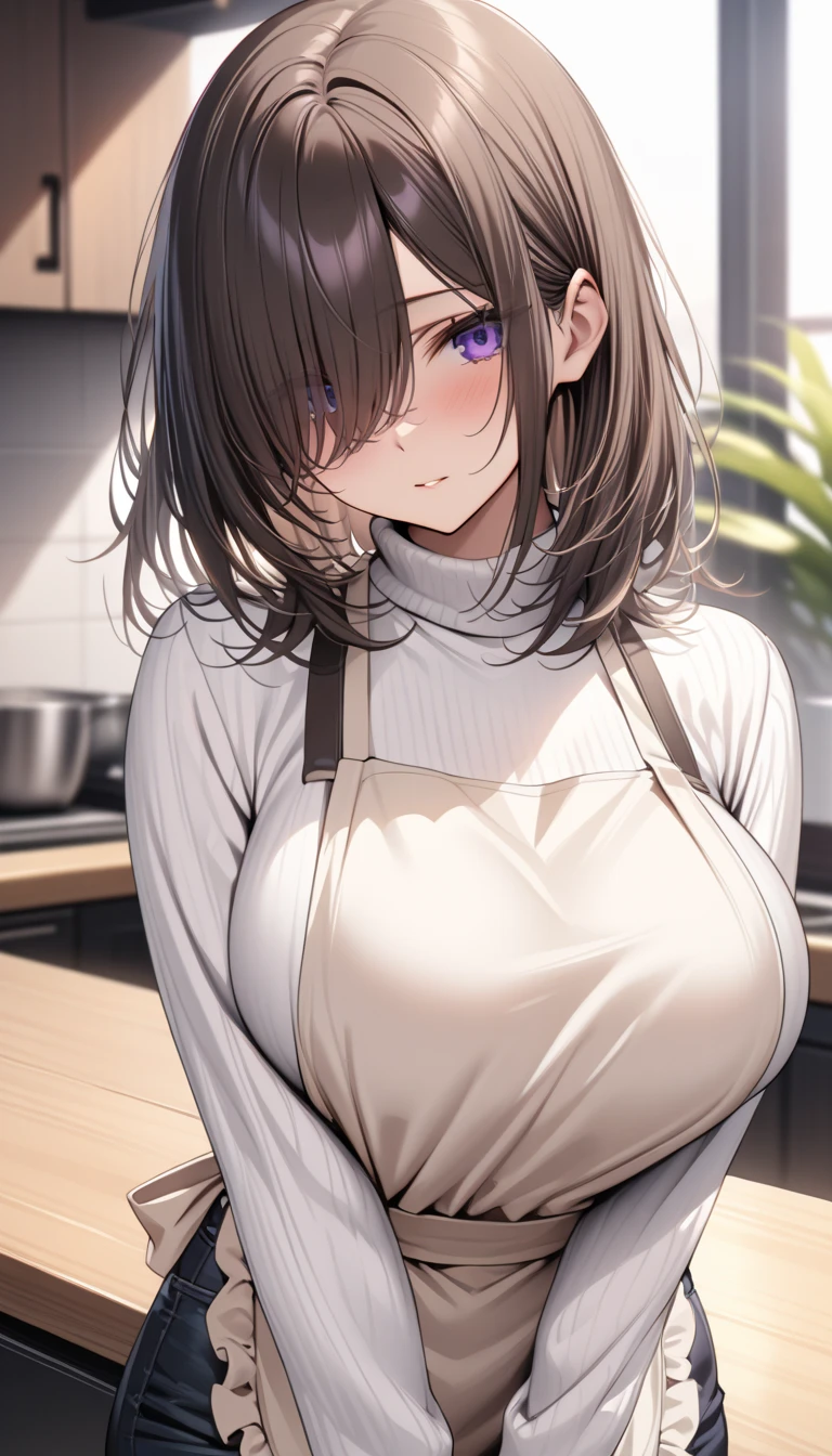 absurderes:2.0、 Unity 8K Wallpaper, Masterpiece, ,detailed hair, highly detailed, (, loose t-shirt、Married woman、In underwear), (kitchen),　, (embarrassed、blush:1.3)、arms behind back

