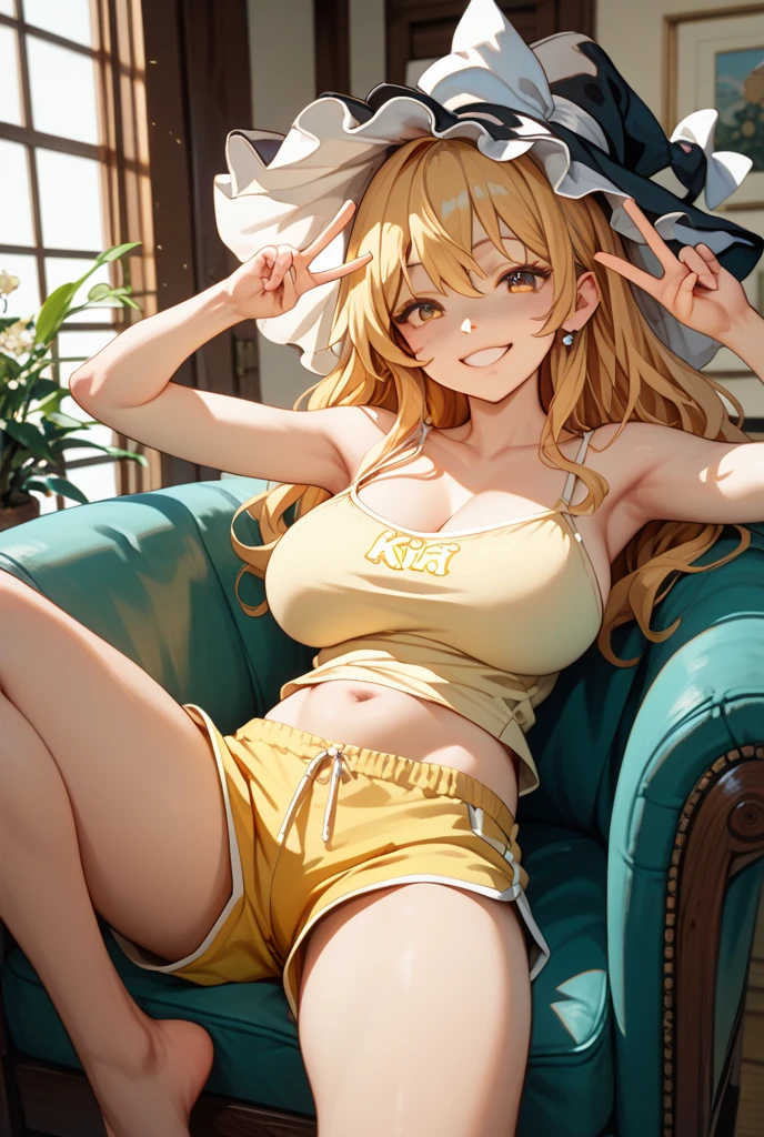 amicia michella - nijisanji, naime style 1girl, (((bimbo))), brown short hair, yellow inner hair, wavy hair, green eyes, (((bimbo))), thin lips, painted lips, shy smile face, wide hips, thick thighs, huge round ass, shiny oily breasts, string bikini, full body, island, nsfw