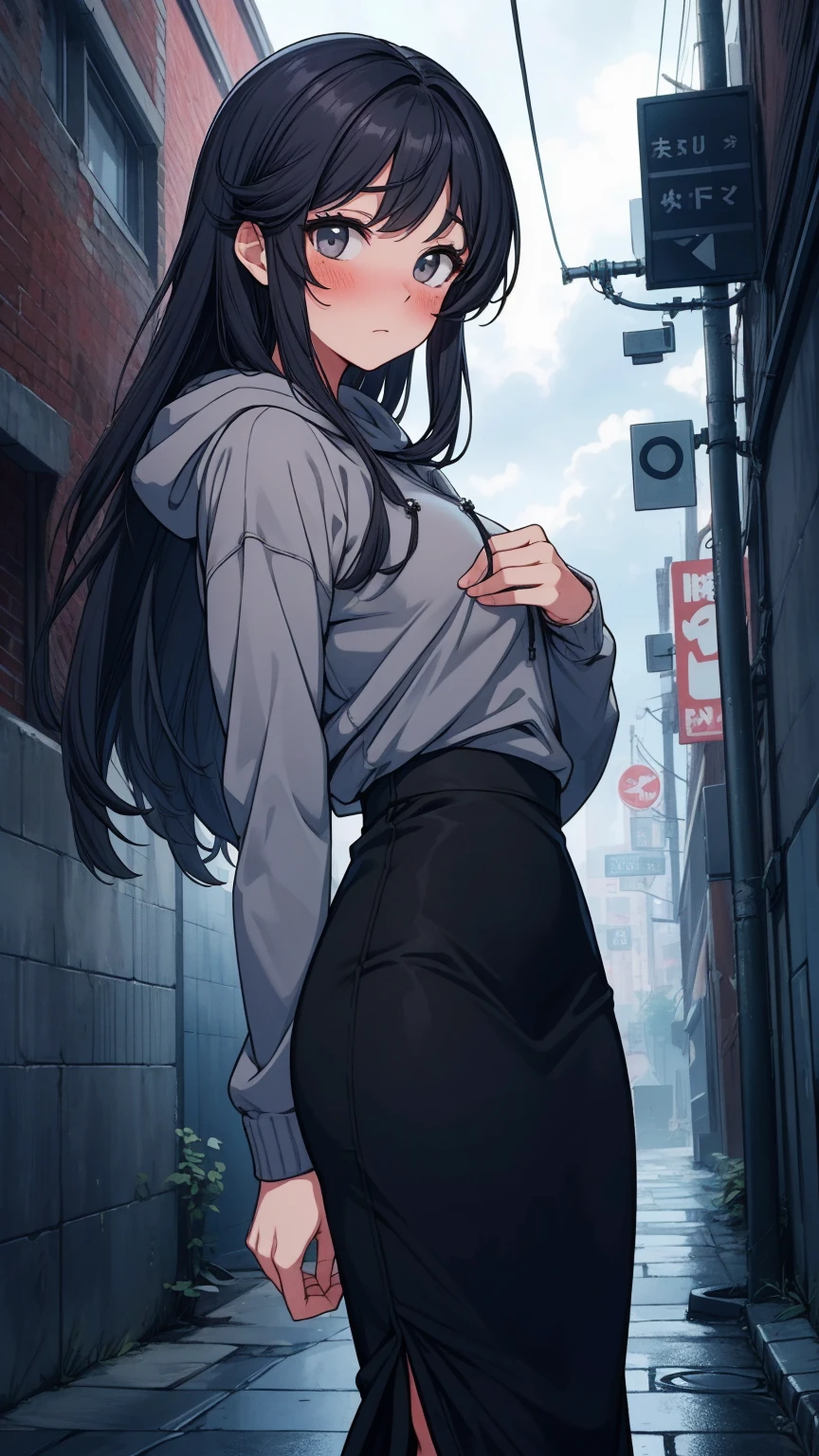 Optimal，masterpiece，High resolution，highest quality，(cowboy shot)、cute face，，black hair、long hair、twin tails、 （（scarlet eyes）），long eyelashes，drooping corners of the eyes，Are standing、thin legs、white skin，((Shoot from below:1.5)), ((Wearing a tight white t-shirt:1.5)), ((tight yoga pants)). ((pointed nipples))、rocket tits , big breasts,