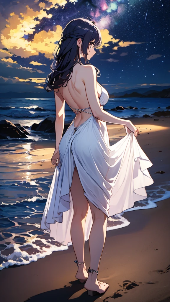 8k, masterpiece, RAW Photos, highest quality, Realistic, Very detailed, Depth of written boundary, Cinematic Light, Anatomically correct body,
One beautiful 40 year old woman, (Very beautiful face:1.1), (Exquisitely detailed face:1.1), (A seductive face:1.4), (Very delicate skin texture:1.1), Transparent muscle, Shiny white skin, Glamorous Body,
(Wavy black long hair:1.2), (Sexy Breasts:1.1), (Sexy ass:1.1),
(See-through beach long dress:1.2), (Detailed cloth texture:1.2), (Gorgeous necklace:1.1), (Gorgeous earrings:1.1),
(Dark starry background:1.4), (Milky Way:1.1), (milky way:1.1), (shooting star:1.1), (Dark coastline at night:1.4), (Pitch black sea surface:1.4),
(Standing on the beach:1.2),