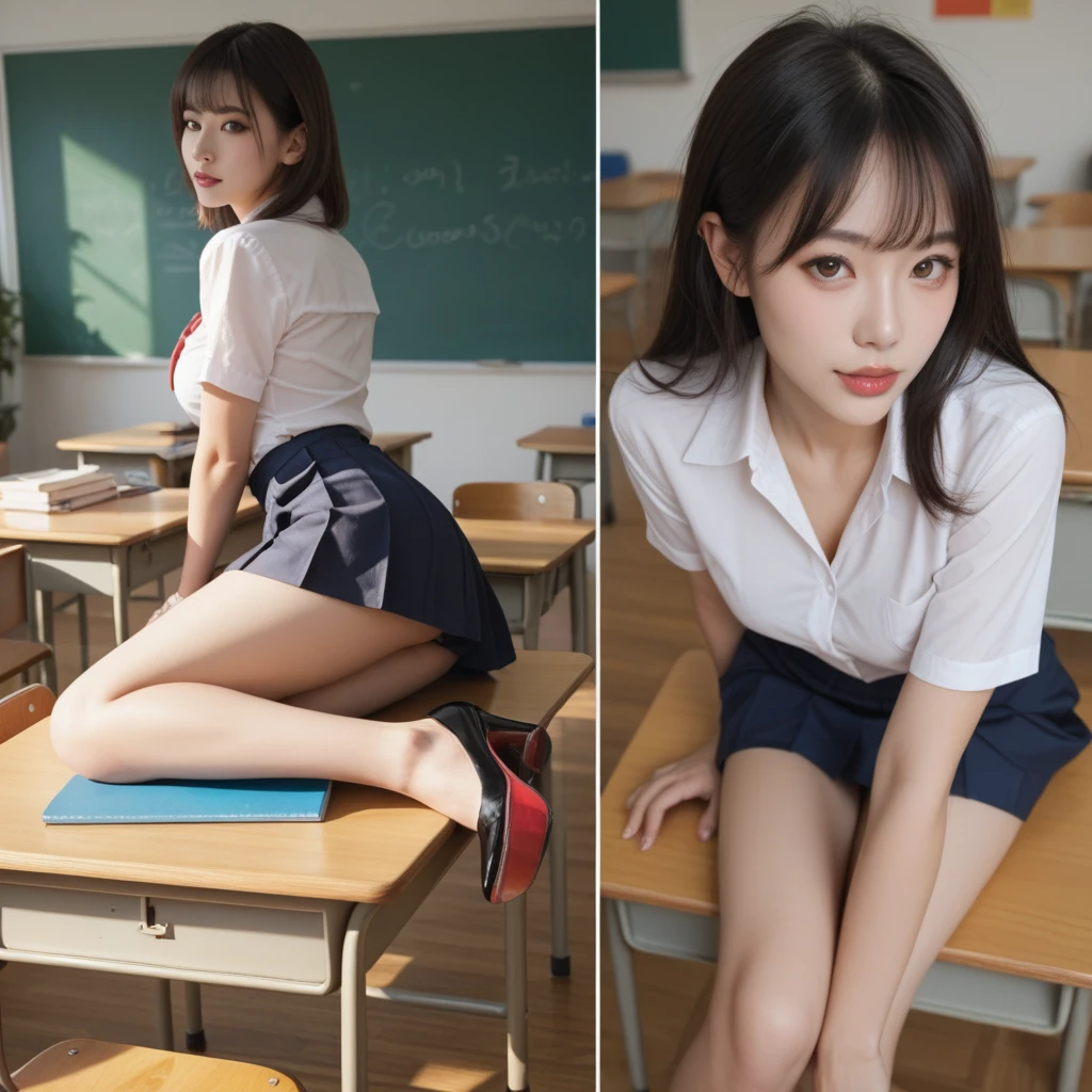 8K ultra hd, masterpiece, one girl, beautiful girl, asian, shiny black short hair, white shiny skin, cute face, naked, perfect body shape, in the classroom, bright, sitting, sharp nose, cute teen girl, lift feet, open crotch, open vagina, school girl, blue t-shirt