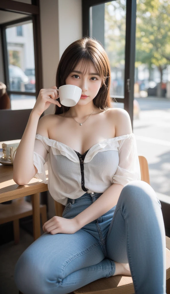 (Masterpiece, BestQuality:1.3), (ultra detailed:1.2), (hyperrealistic:1.3), (RAW photo:1.2),High detail RAW color photo, professional photograph, (Photorealistic:1.4), (realistic:1.4), ,professional lighting, (japanese), beautiful face, (realistic face), cute woman, (Brown Hair, Big Tits:1.5), (cheerful Smile:1.35), Trending Hair&Trending Hairカラーをランダムに, earrings, necklace, bracelet, sexly, erotic sexly, Random sexy gravure poses, (A beautiful woman in casual jeans and a blouse、She is drinking coffee in a cafe and opening her blouse。:1.3)