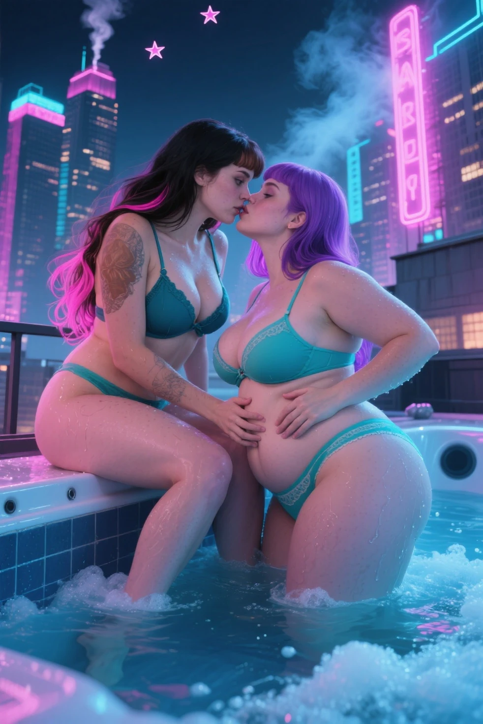 (((2heads))), full body,realistic photography, a very sweaty pale 50 year old ,freckled chest,(( very pale white skin))Swedish,, chubby,thicc,,overweight,round face, very pale white skin, , (big bulge:1.5),fit, mohawk,purple hair,red mohawk, hair with highlights , platinum blonde,detailed eyes, unathletic, very wide shoulders,(wearing a low cut rainbow striped tight dress with a black shawl , cleavage ) :1.5,wet, ,drenched:1.5, sweaty:1.7, beautiful hair, unathletic, arizona desert background at dusk,,,full body, realistic, detailed, thick rimmed glasses, freckles, (((viscous white liquid splattered on chest and face))), holding a drink on each hand,milk dripping