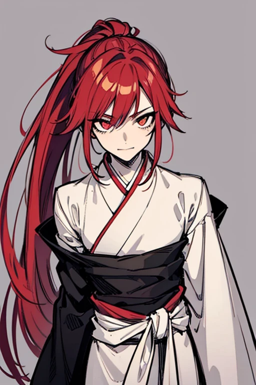 Tall man, emaciated, strong, demonic, demon horns, four arms, two sets of eyes, Kokushibo, wearing a long purple robe, chained up to a temples wall, dark, fiery red hair, glowing red eyes, demonic, body is covered in black and red markings, evil, humanoid, long flowing red mane hair, tied to a wall, prisoner, held captive, sparking red hair