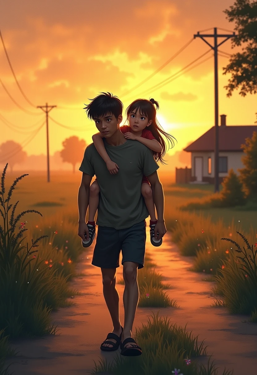 a father carrying his moeslem daughter with warm beuatiful sky