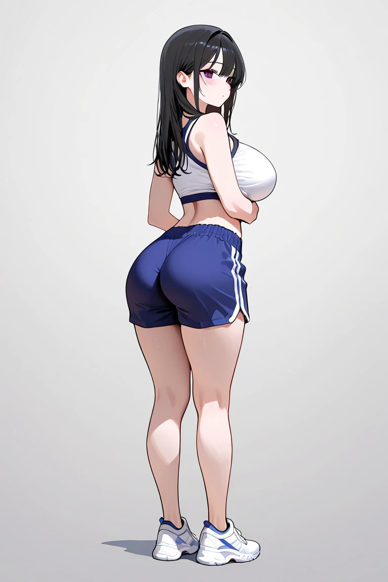 Hazel hair,in tight purple dolphin shorts and a purple sports bra, flat bely, thicc thighs and huge ass