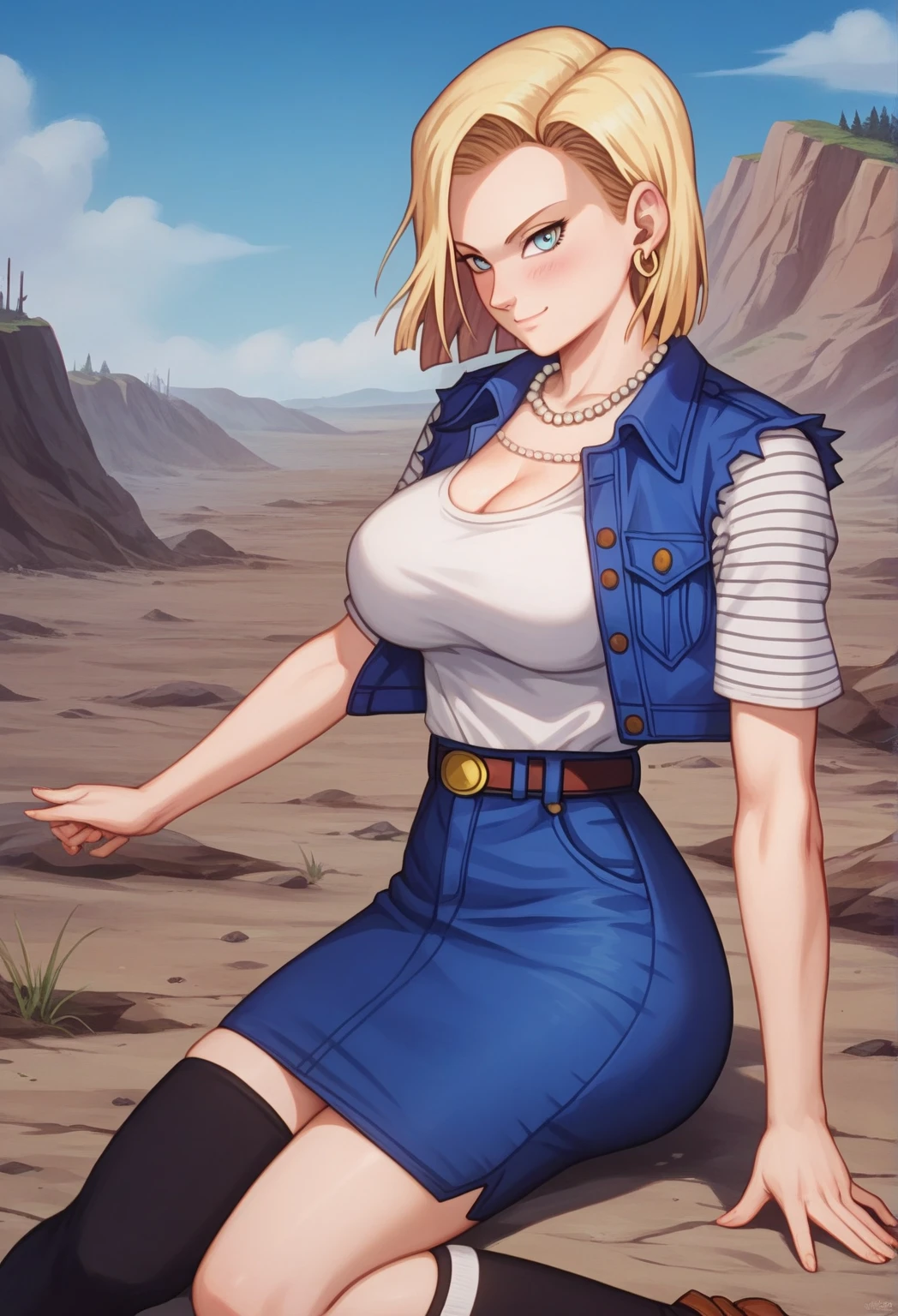 best quality, high-res, and18, 1girl, android 18, solo, blonde hair, blue eyes, belt, blue demin bodycon micro skirt, gold necklace, black shirt, short hair, long sleeves, white striped sleeves, earrings, open vest, blue denim vest, large breasts, cowboy shot, forest, straight-on, (weather: windy), combat stance, full length pantyhose, battle ruins, wide hips, shy smile,