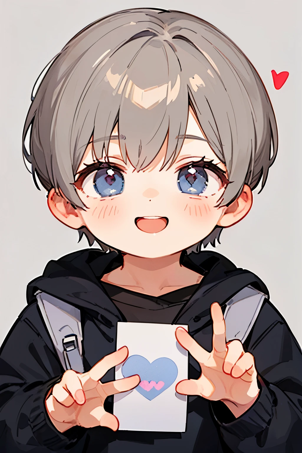 high quality,eye highlights,thin body,from front,face,look at viewer,droopy eyes,heart pose,smile,open your mouth and laugh,(((chilled boy))), ((1 boy)), Five hands,young,(grey bronze hair),((very short hair)),simple background,