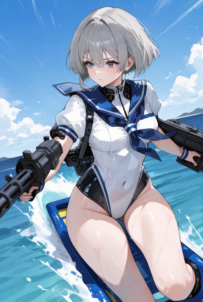Cartoon picture of a woman in bikini holding a water gun, Rei Ayanami,, in a swimsuit, Ayanami, seductive anime girl in a bikini