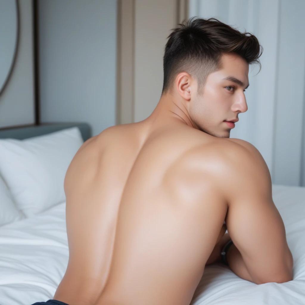 A SUBMISSIVE BRAZILIAN MAN WEARING A SHORT STRAP DRESS KNEELING BACKWARDS ON A BED
