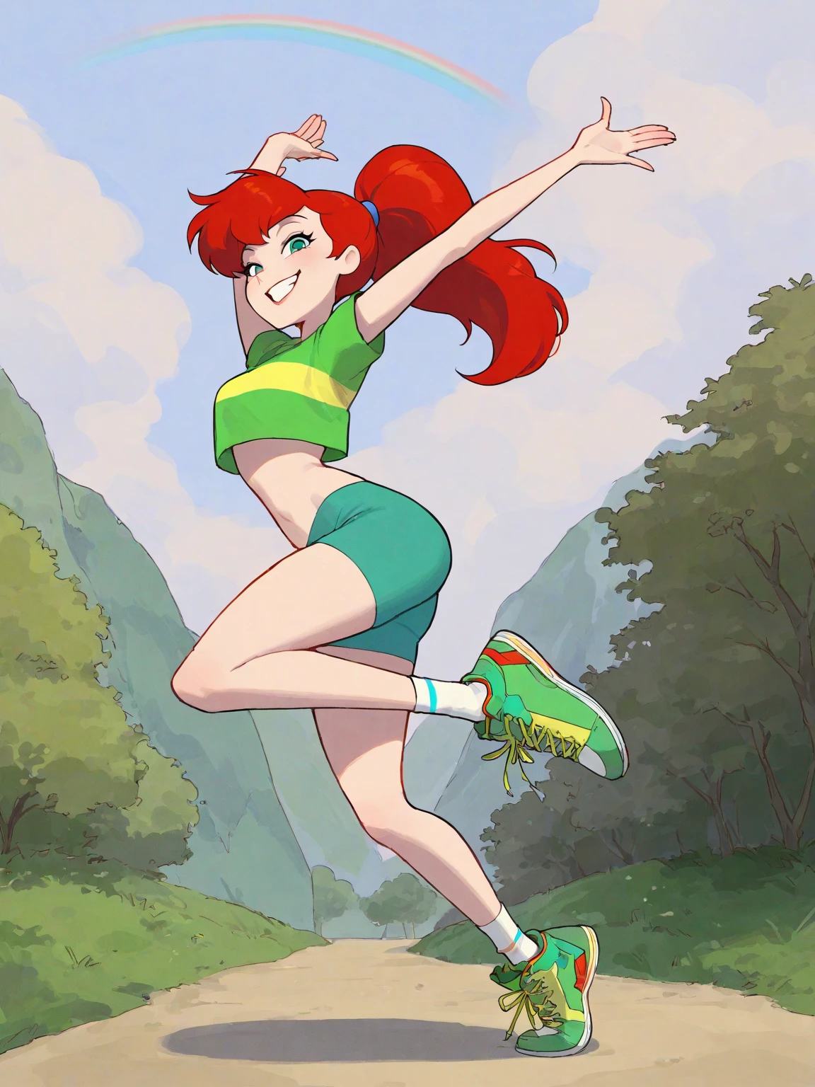 Kim possible, long ginger hair, green eyes, 1girl,10s years,solo,smile,blush, nude, detailed nipples,  detailed vagina,running,full body,open mouth,grass,blue sky,clouds,  short stature,  flat chest, perfect anatomy, 