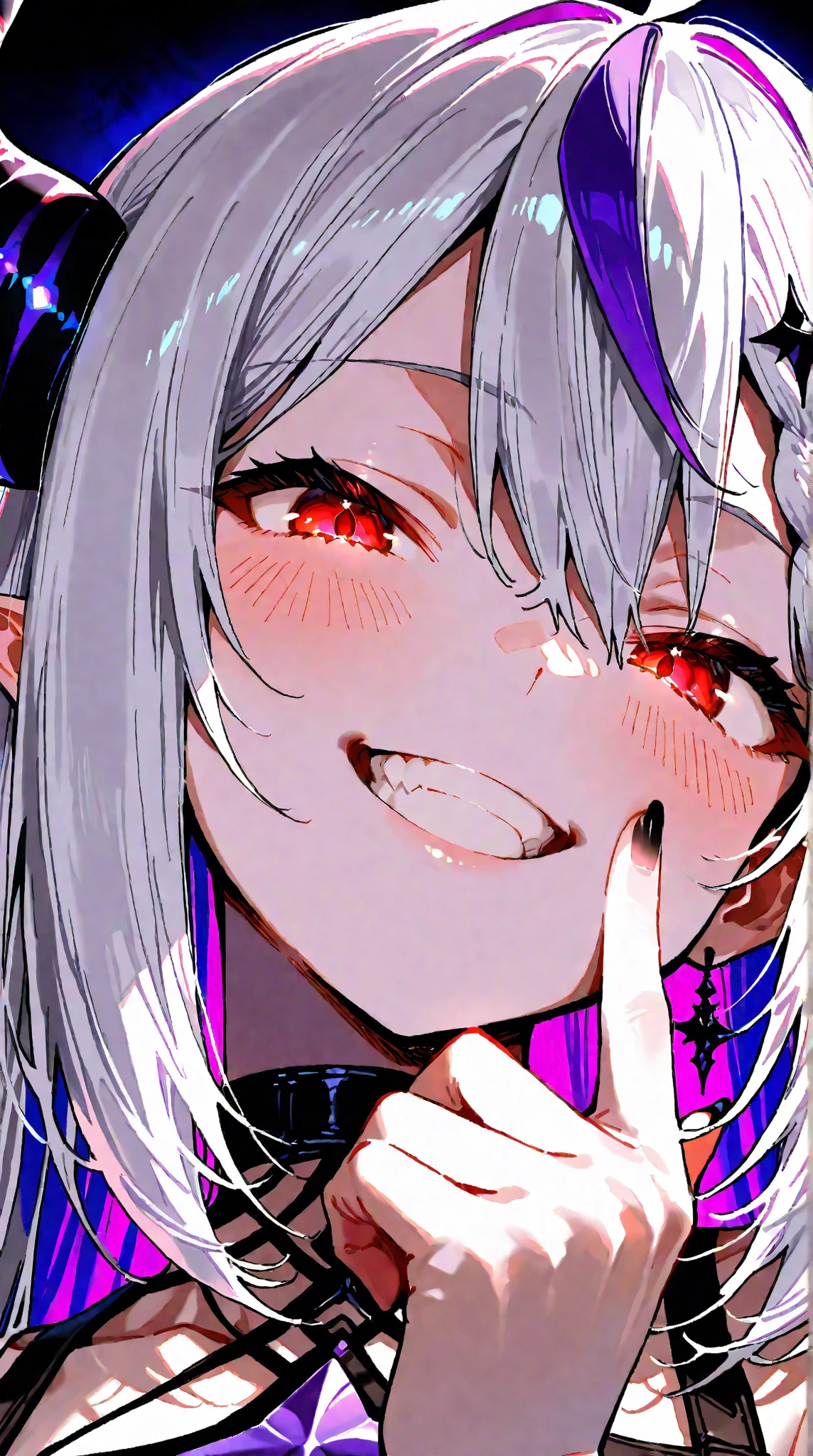 (masterpiece:1.2)、Highest quality、PIXIV、Rebellious girl、One girl、Open your mouth、鋭いteeth、teeth、Long Hair、Street background、Bright purple eyes、eyelash、Upper Body、Characters in clothes、smile、Focus on the viewer、Chest in the center、Black and white hair color,leaning forward,Night view,Black and white grey outfit,Overflowing drool、saliva、White Breath、Sigh、An excited look、Long, narrow eyes,fallatio