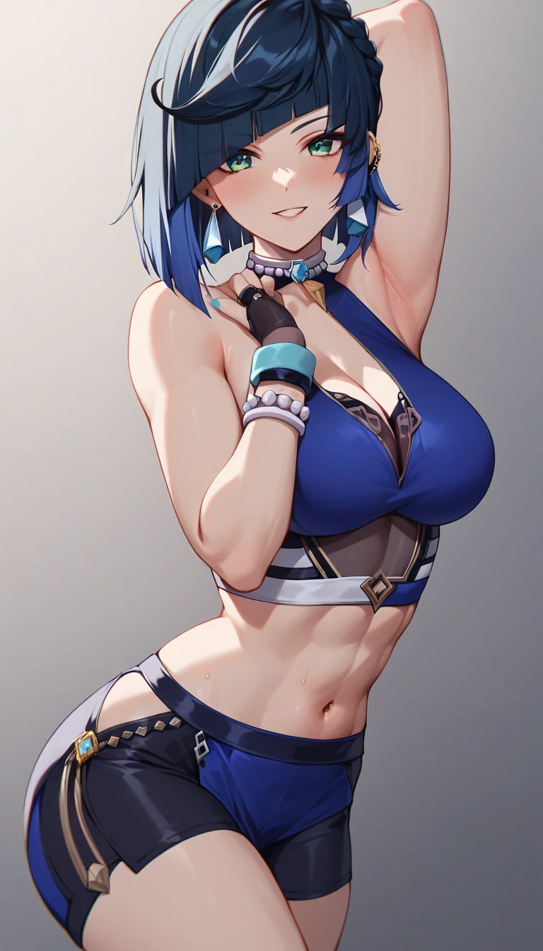 (Hardcore punk:1.1), (japanese anime art style), 18yo, (tattooed chick:1.1), (punk slut with short cropped hair:1.1), (she is beggong as posing:1.1), begging to get fun, (sweaty:1.3), (happy face:1.1), (detailed hand and finger:1.1), (detailed eyes and face:1.2), (round breasts), perfect cute eyes, (realistic detailed hands), cute brunette, (fit athletic figure:1.2), (short two colors pixie hair:1.1), wearing (blue thong), strong woman, tall body, (bodypaint:1.3), wearing (blue dress camisole), (detailed face and eyes:1.2), (huge breasts:1.1), (bimbo), (deep cleavage:1.1), (labia outline:1.2), (teat outline:1.2).