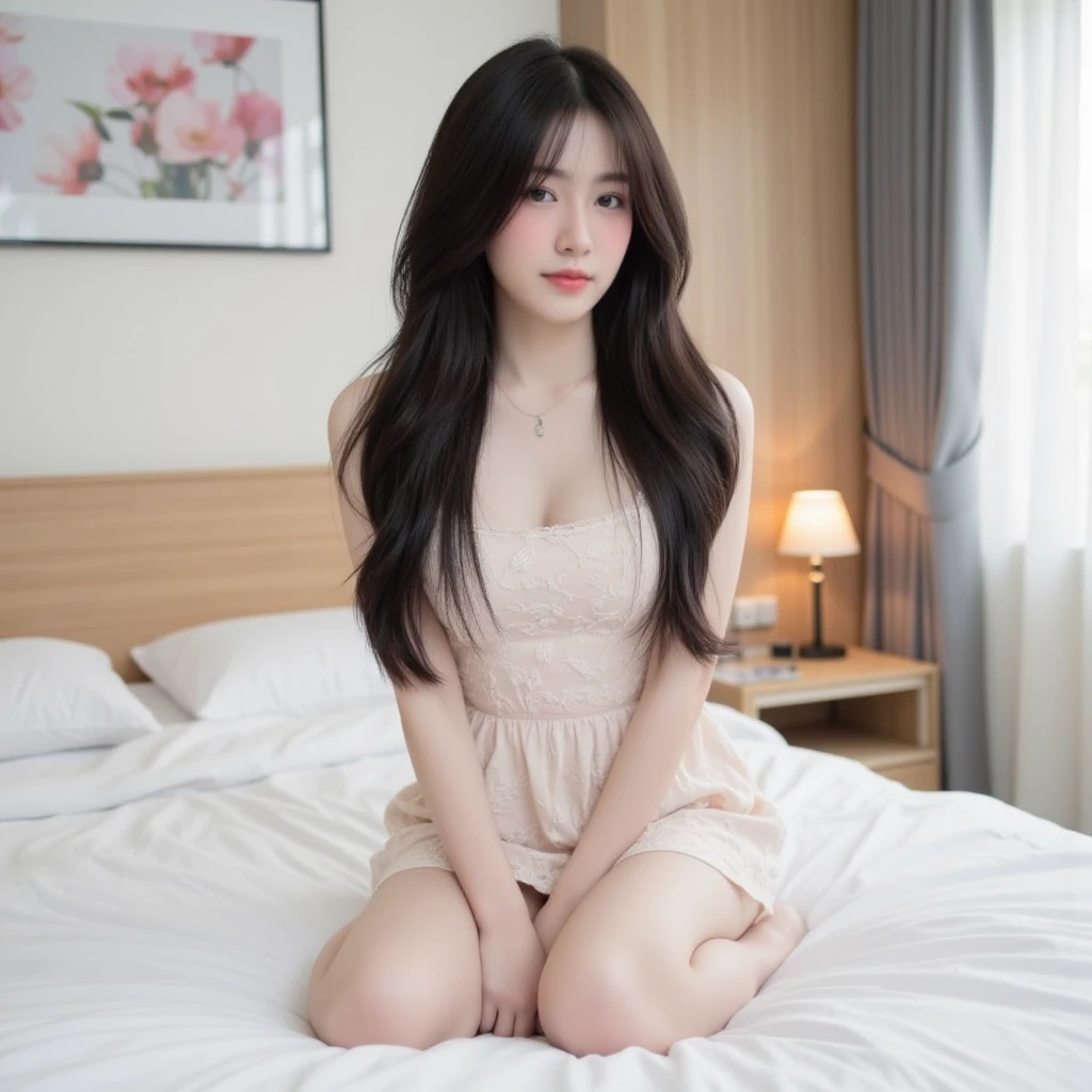 araffe woman in a pink dress laying on a bed, gorgeous chinese model, gorgeous young korean woman, smooth pink skin, hot with shining sun, korean girl, beautiful south korean woman, lovely languid princess, smooth translucent white skin, beautiful asian girl, beautiful young korean woman, sultry body with sexy belly, elegant seducing pose, sitting on her bed