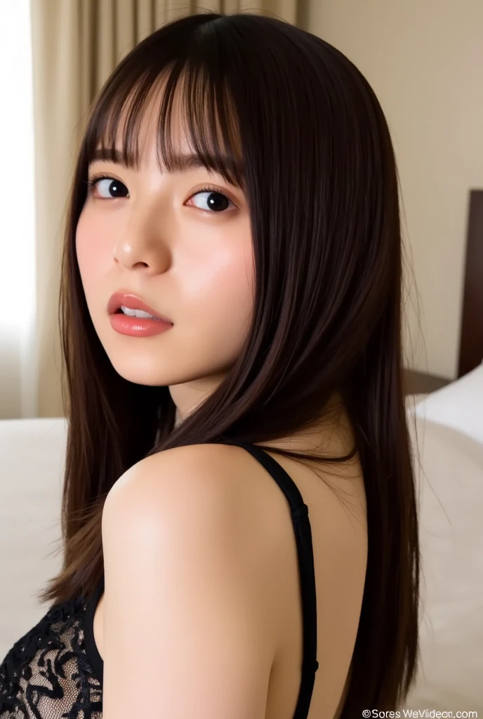 (Top Quality, Masterpiece: 1.2), 18 year old girl, wearing a lace nightgown, lying in bed, morning light, realistic face, perfect body, good anatomy, perfect face, curly long hair, black hair, photorealism, super detail, high quality, photo pose, sexy, bangs, big breasts, single hair bun,