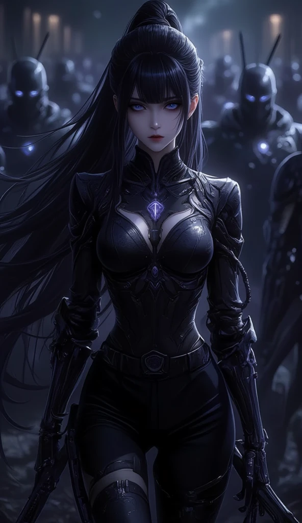 asize shadowy, dark tones in their armor, perhaps with accents of dark purple or deep red to suggest a connection to the shadow realm. The armor should have a mystical, almost ethereal glow in certain areas, like the eyes or the edges of the blade, giving the impression that they are infused with dark energy. Weapons: Their weapons could be dark, jagged, and emanate an aura of shadows or black flames, symbolizing their ability to manipulate darkness. Adding runes or glyphs t