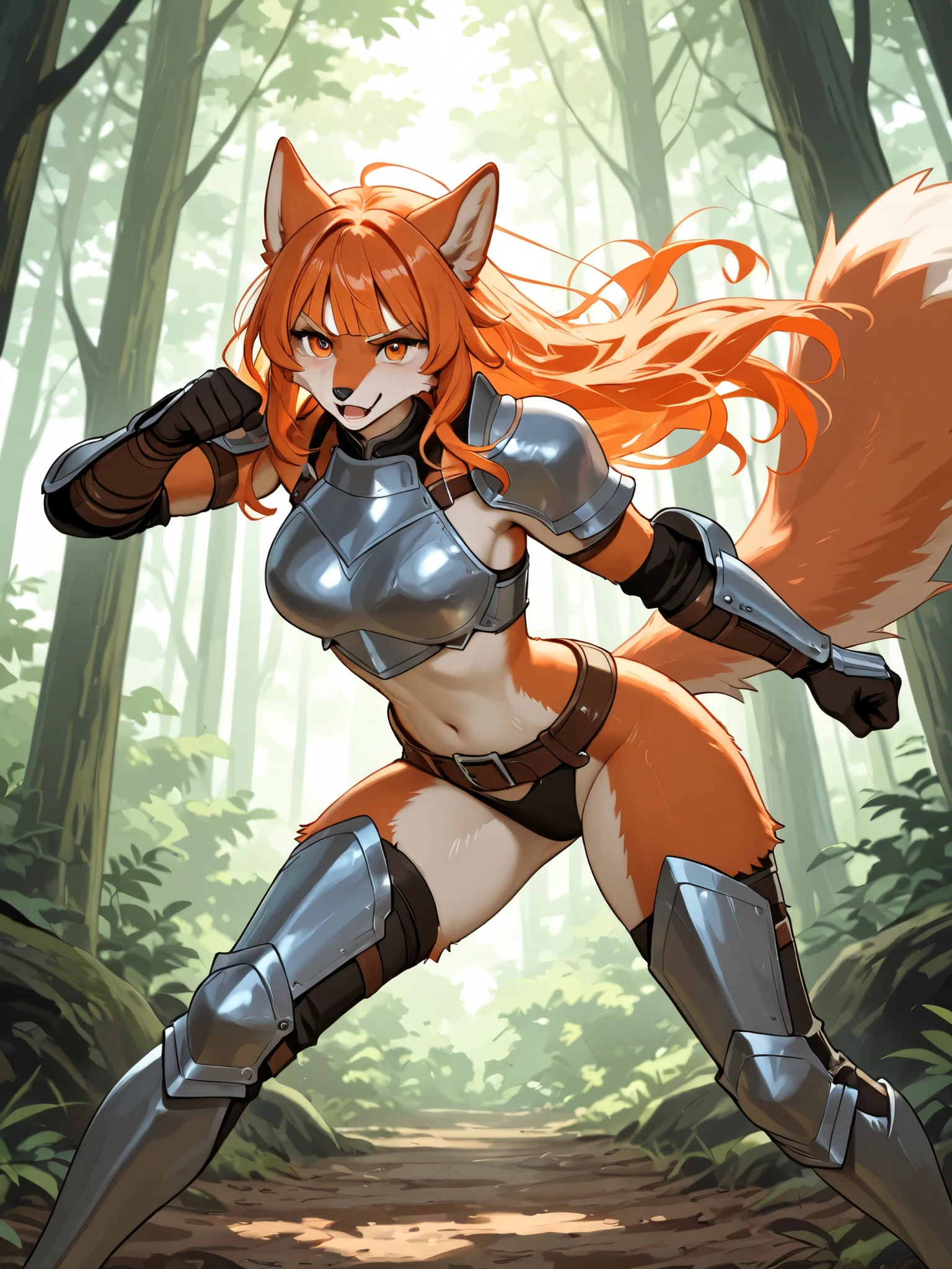 ((Masterpiece, 8k, High quality)), (adult female), (orange eyes), (((long brown hair))), (((Squirrel ears))), ((Medium bust, hips wide open)), ((wearing white stockings)), (((Wear armor made from tree bark..))),