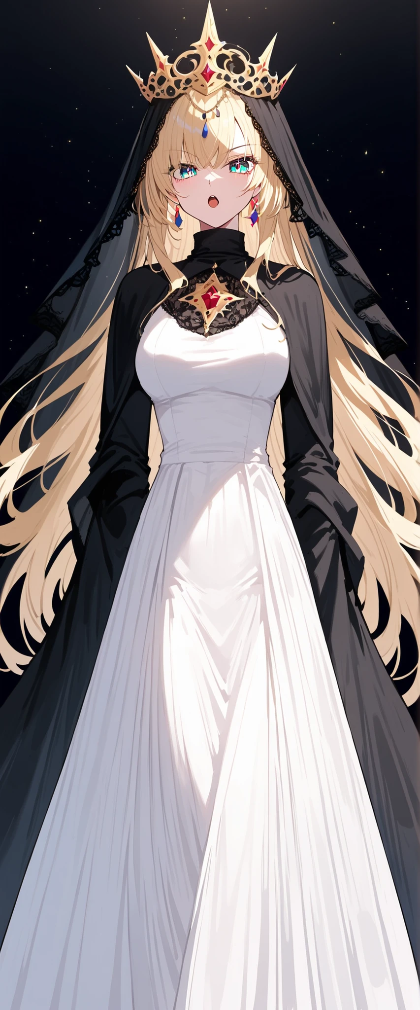 ,Golden bronze hair, Blue Eyes,milf,Moderate cuddly,long hair, alter ego, ghoul eyes,,square color background,slim,Golden fabric,deityกรีก,serious, White Dress,,saint,deity,Shawl,Open your mouth,,black background,Long dress ,Fierce face,Cotinos,,cornrow,lace dresses,Turtleneck Dress, black crown ,Black veil,long hair,Long Sleeve