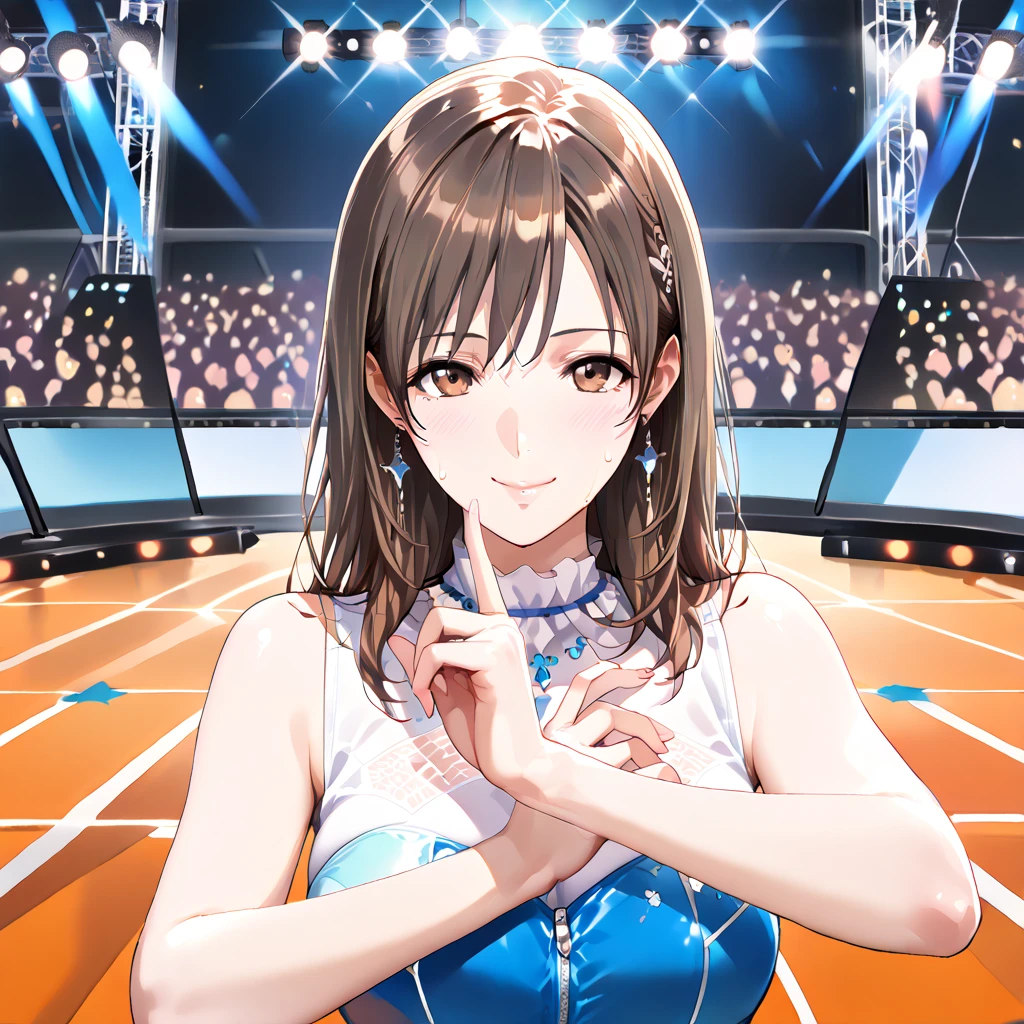 masterpiece, best quality, highres, aaanitta, long hair, medium breasts, blue one-piece swimsuit, competition swimsuit, collarbone, idolmaster, <lora:nitta_minami_v1:0.7>, stage, sweat, holding microphone, open mouth,