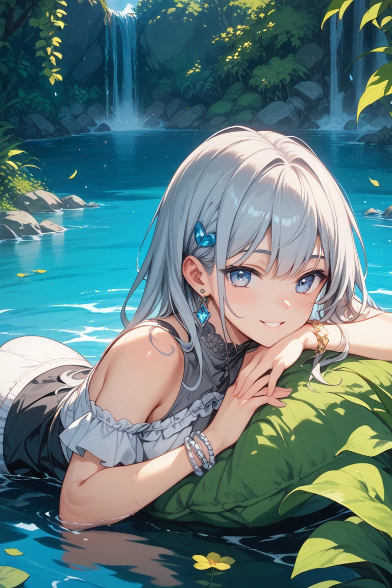 a  beautiful female，Lake winked，Gradient hair，brunette color hair，silber hair，long whitr hair，Hair behind the ears，eyes reflection，cowboy lens，in a panoramic view，stereograms，Ray traching，reflective light，lightand shade contrast，tmasterpiece，best qualtiy，high qulity，precise，anatomy correct，textureskin，high detal，hyper HD，k hd