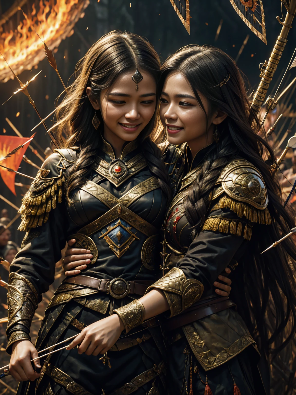 beautiful muscular antique greek spartan warrior asian girl, detailed face with piercing eyes, flowing dark hair, wearing ornate spartan helmet with ornate gold and bronze details, wearing detailed spartan battle armor with intricate gold and bronze designs, holding a golden sword, dramatic lighting, cinematic angle, highly detailed, photorealistic, 8k, masterpiece