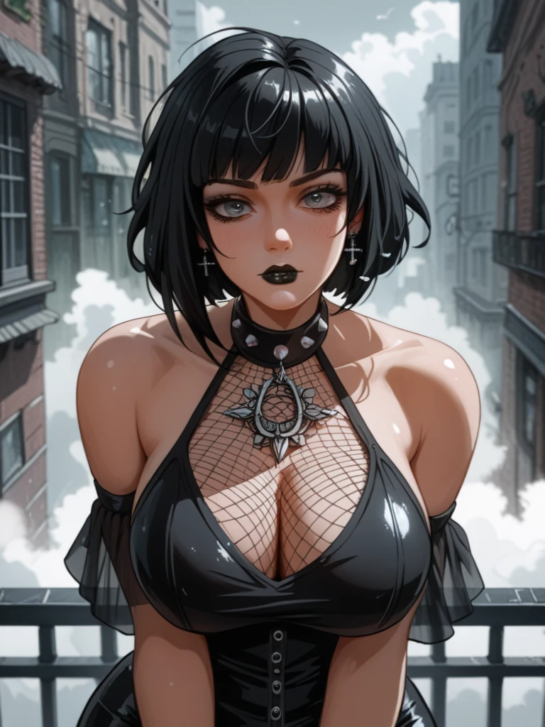 1girl, woman, emo_hairstyle, black lipstick, dog collar, eyeliner, eye shadow, smoky eyes, realistic lighting, short hair, smug, punk, smirk, fantasy clothes, skirt, tight fantasy dress, high danrasy. anime sultry look, seductive,