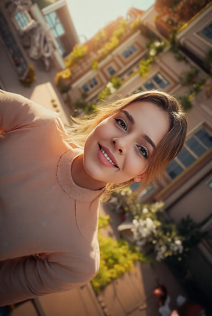 masterpiece, Photoreal, surreal, incredibly high resolution, 4k, 8k, incredibly realistic, Super realistic, Turkish girls, outside, incredibly cute, Impossibly cute, smile, セクシーなsmile, alone, From above 