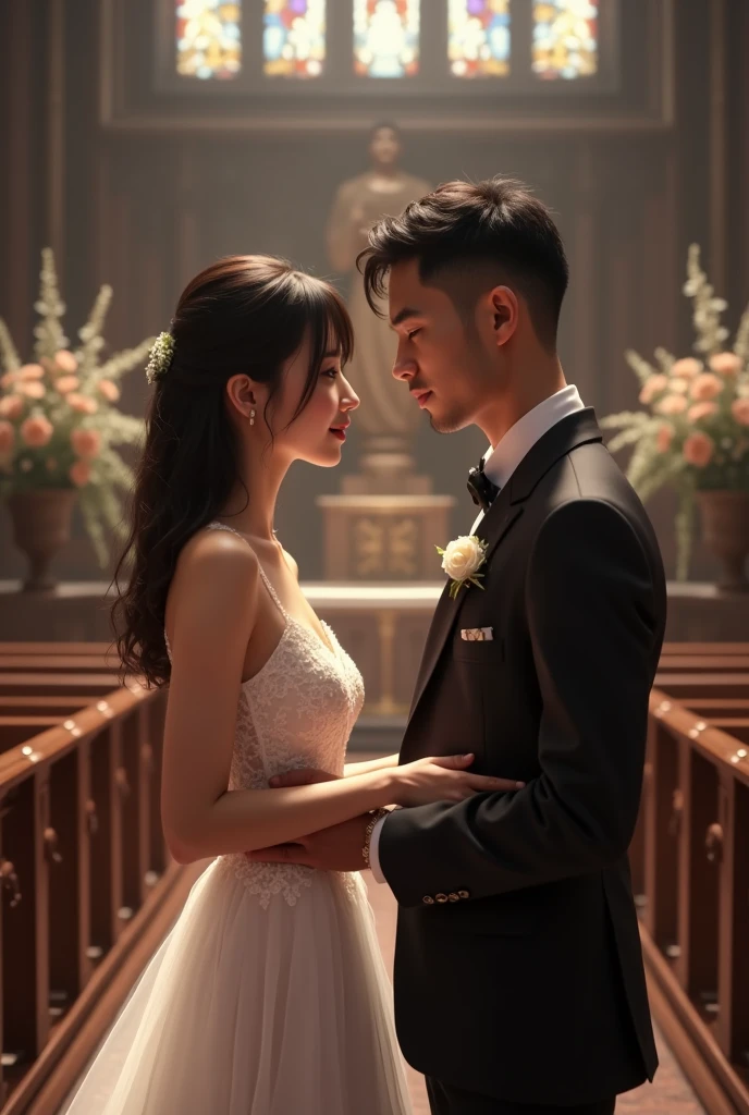 On the wedding stage of an upscale luxury hotel,A dozen friends and spectators next to the audience stood up and applauded,Couple in uniform,marriage,tongue kissing,Kiss,Hug together