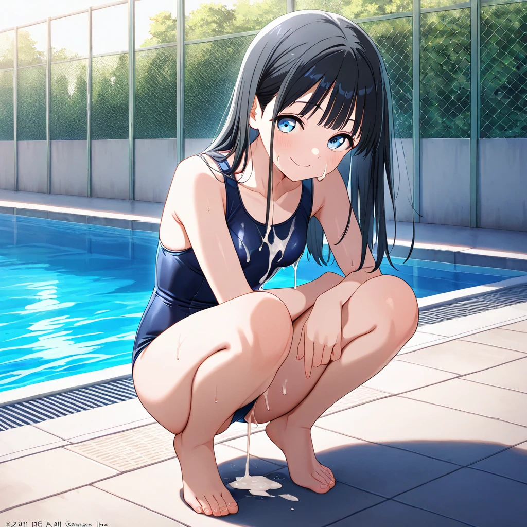 Unity 16K Wallpaper, masutepiece, Best Quality, Ultra-detailed, extremely details CG, Caustics, Cinematic lighting, Detailed, Beautiful detailed eyes, Solo,Pool side),Ultra High Resolution, Fine skin、A sexy,NSFW,(School Swimsuit:1.3), small tits、s old、Blue eyes、blue hairs、Perm Hair, blush, angry,Sitting, Spread legs wide, a pixie cut、The whole body is drenched、The whole body is soaking wet、Small School Swimsuit、excessive cum in、cum on the body、cum in clothes、cumdrip、cum on chest、Female masturbation、Arms behind your head、cum overflow、Female 、cum in mouth、facials、Bukkake、 Juice