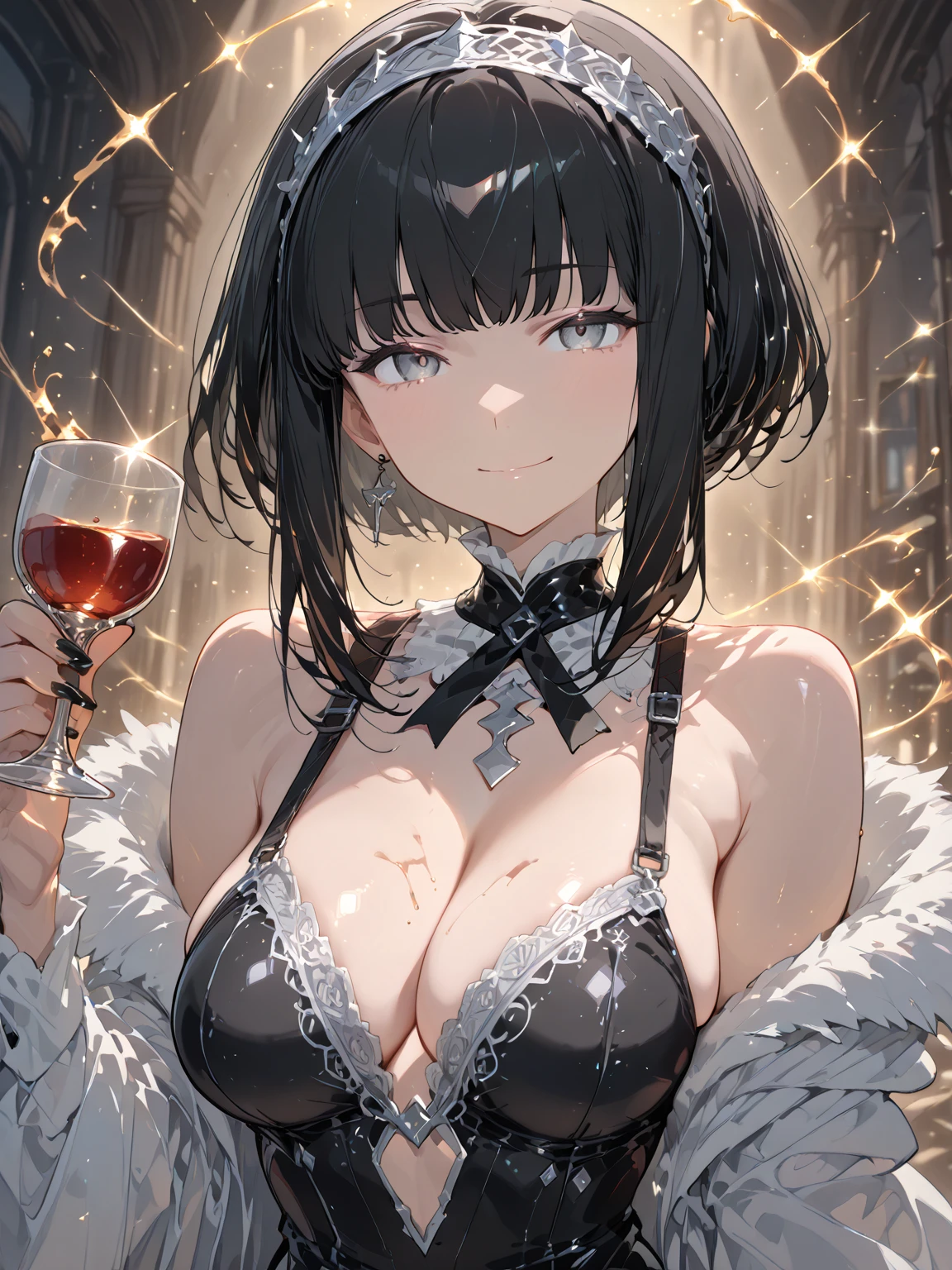 A masterpiece, Very detailed, ultra detailed, Alone, female, long dark blue hair, straight hair, golden eyes with slanted pupils, scales on arms, big breasts, high, ELEGANT DRESS, priestess, gentle smile, outdoor stone temple, draconic hands, cola, draconic horns, autumn forest, close up, broad smile, Chapped lips, long and thick eyelashes, squinted eyes, Santa, white scales, chalice with wine, bare shoulders