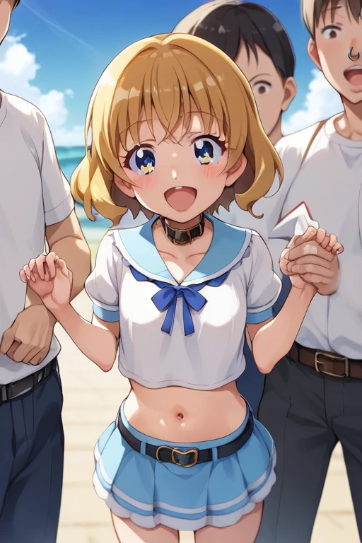 Blonde nudist girl running、Lots of close elementary school boys pushing each other with their eyes wide open、surround each other'wide eyes、Laughter and joy、longshot、Group Selfies、from side