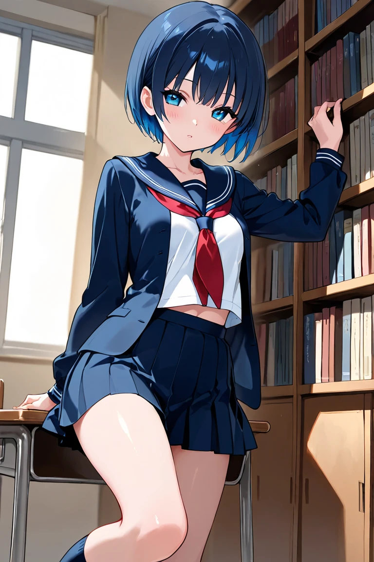 (masterpiece、Highly detailed 8K CG、Sharp lines)、Rem of Rezero、hi-school girl、blue hairs、cute little、serafuku、White underwear and dark blue skirt、skirt rift、panties on、skinny body、Thin leg、thighs thighs thighs thighs、Sexy poses showing anime style、Beautiful anime schoolgirl、A seductive anime girl、Smooth Anime CG Art、Beautiful anime schoolgirl、Beautiful anime girl、Long-sleeved sailor suit、Wearing a cardigan、Navy blue pleated mini skirt、autumnal、Colored leaves、Curve、No bra、(Lifting skirt、White lace panties visible:1.2)、thighs thighs thighs thighs、(Navel Ejection:0.4)、Dynamic Pose Beautiful and perfect legs, Clean and perfect hands、Straight short hair、One eye is hidden by bangs、Black pantyhose、Wear black stockings、White panties showing through black stockings、(Clearly visible detailed female pubic shape: 1.4)、very Bigger breasts、Colossal tits、Exposing all your boobs、Delicate body、Height 150cm、Thin leg、mournful smile、Wet panties、Wet pubic area、Clear liquid with high viscosity dripping from the pubic area、pink hairpin