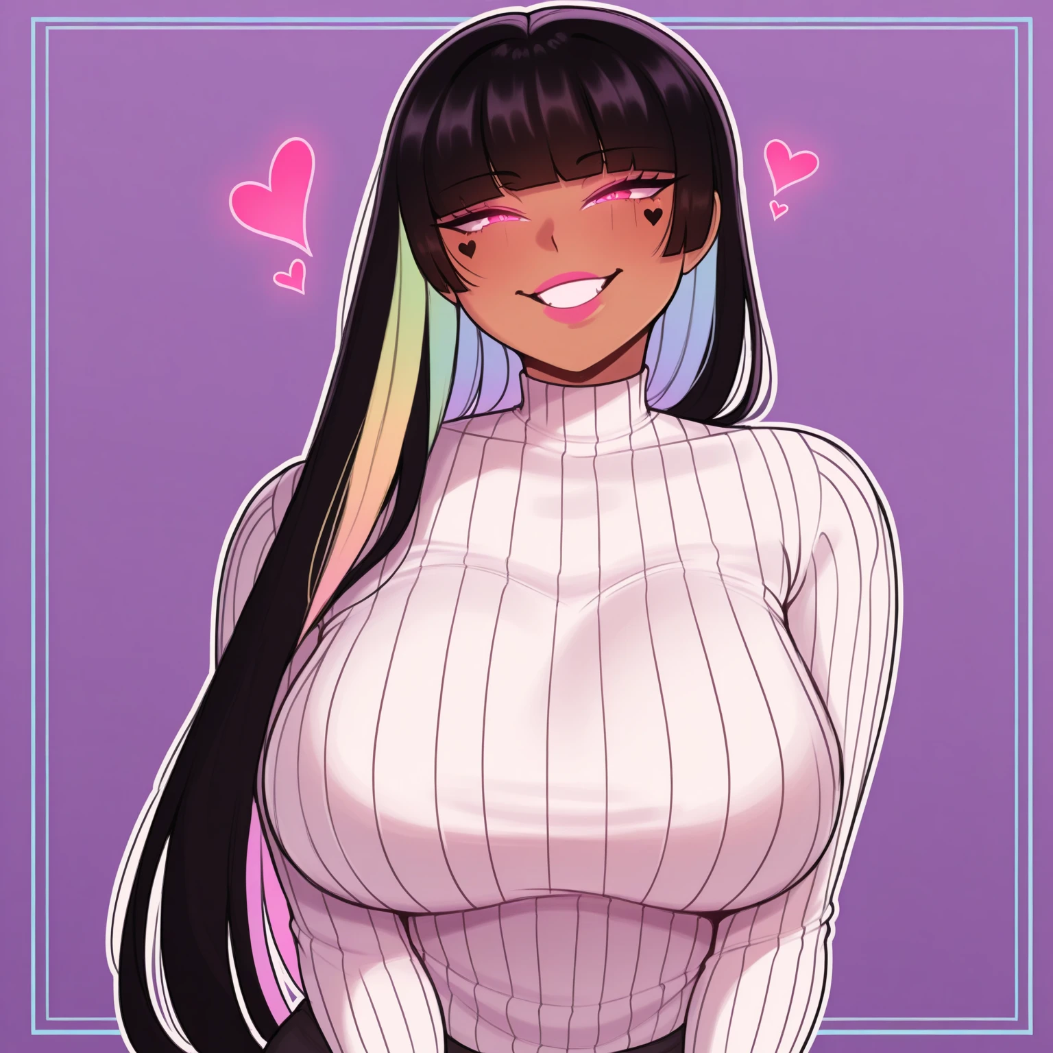 1girl, heart, heart-shaped pupils, looking at viewer, simple background, solo, symbol-shaped pupils, white background <lora:hp-style:1> <lora:raikou:1> white turtleneck sweater, large breasts, smile