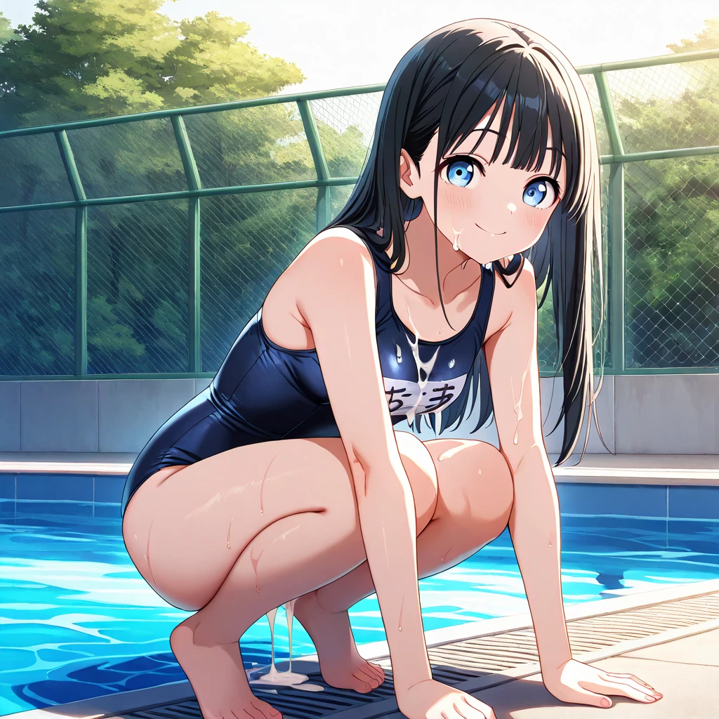 high-level image quality、top-quality、Does not blush cheeks、Slender beauty、{School swim wear}、shorth hair、Holding your knees