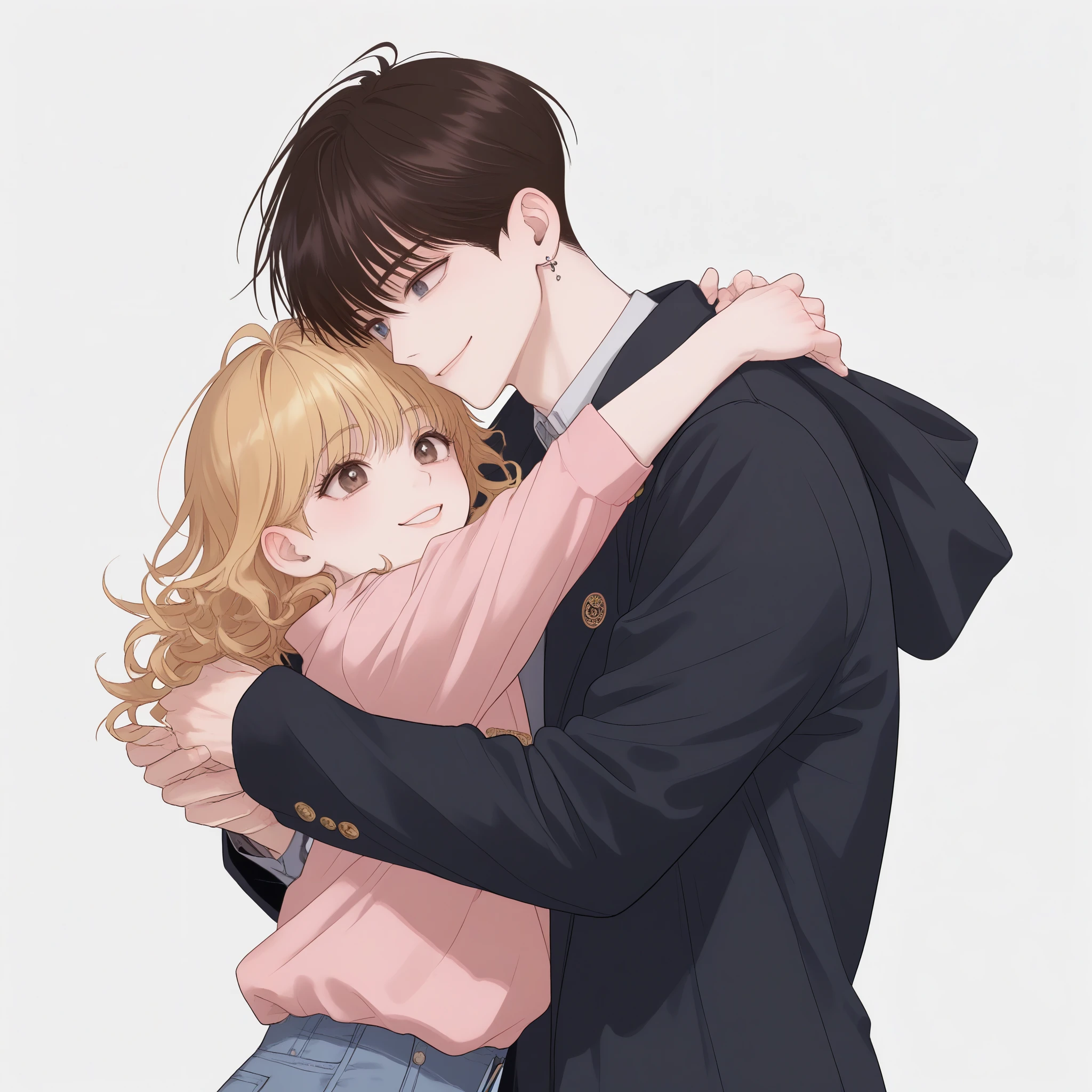 The first guy is a tall, pumped up man, Curly hair, with long hair, shaved whiskey, yellow hair, face with brown eyes, leather black jacket, he hugs his second guy - a femboy, short stature, black hair, shaggy hair, blue eyes, full body, plump lips, smile, cute pink top. They are hugging. background: evening landscape. best quality.