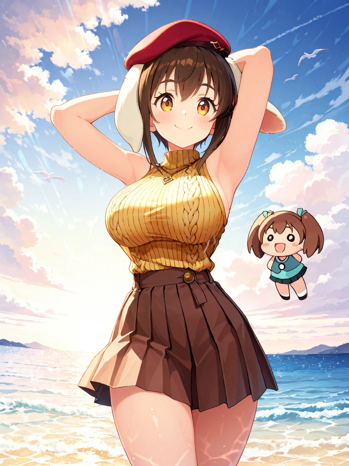 (masterpiece), 1girl, solo, best quality, expressive eyes, perfect face, best quality, kemonomimi, bear ears, animal ears, brown hair, short hair, messy_hair, blue eyes BREAK freckles, huge breasts, hips, strapless sundress, pink sundress, smile, :D, open mouth, happy face, looking at viewer, outdoors, beach, ocean, daytime, barefeet, standing