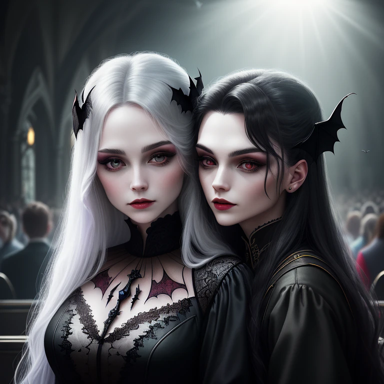 brush strokes, fine details, vampire theme, romantic atmosphere, elegant gothic style, pale skin, intense gaze, flowing black dress, ethereal beauty, moonlit background, soft lighting, dramatic shadows, passionate embrace, delicate features, gothic architecture, mysterious aura, vibrant colors, hauntingly beautiful, mesmerizing composition. (best quality, ultra-detailed, photo-realistic:1.37), portraits. cool color palette, atmospheric lighting.