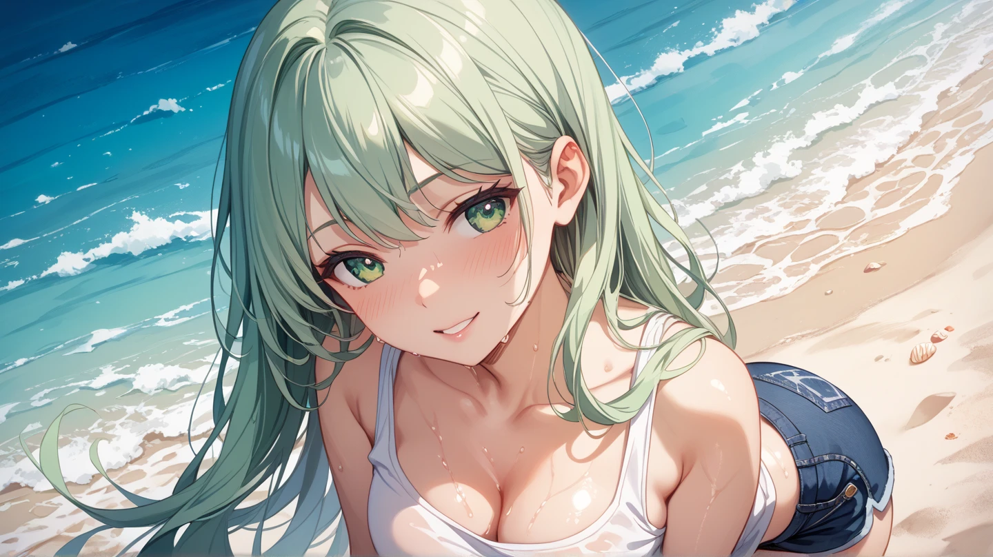 a anime girl wearing a mini skirt laying on the beach with the sea and sky behind her, skirt, mini skirt, 1girl, green hair, green eyes, outdoors, tongue, solo, lying, tongue out, beach, earrings, jewelry, looking at viewer, small breasts, long hair, bangs, bare shoulders, cleavage, day