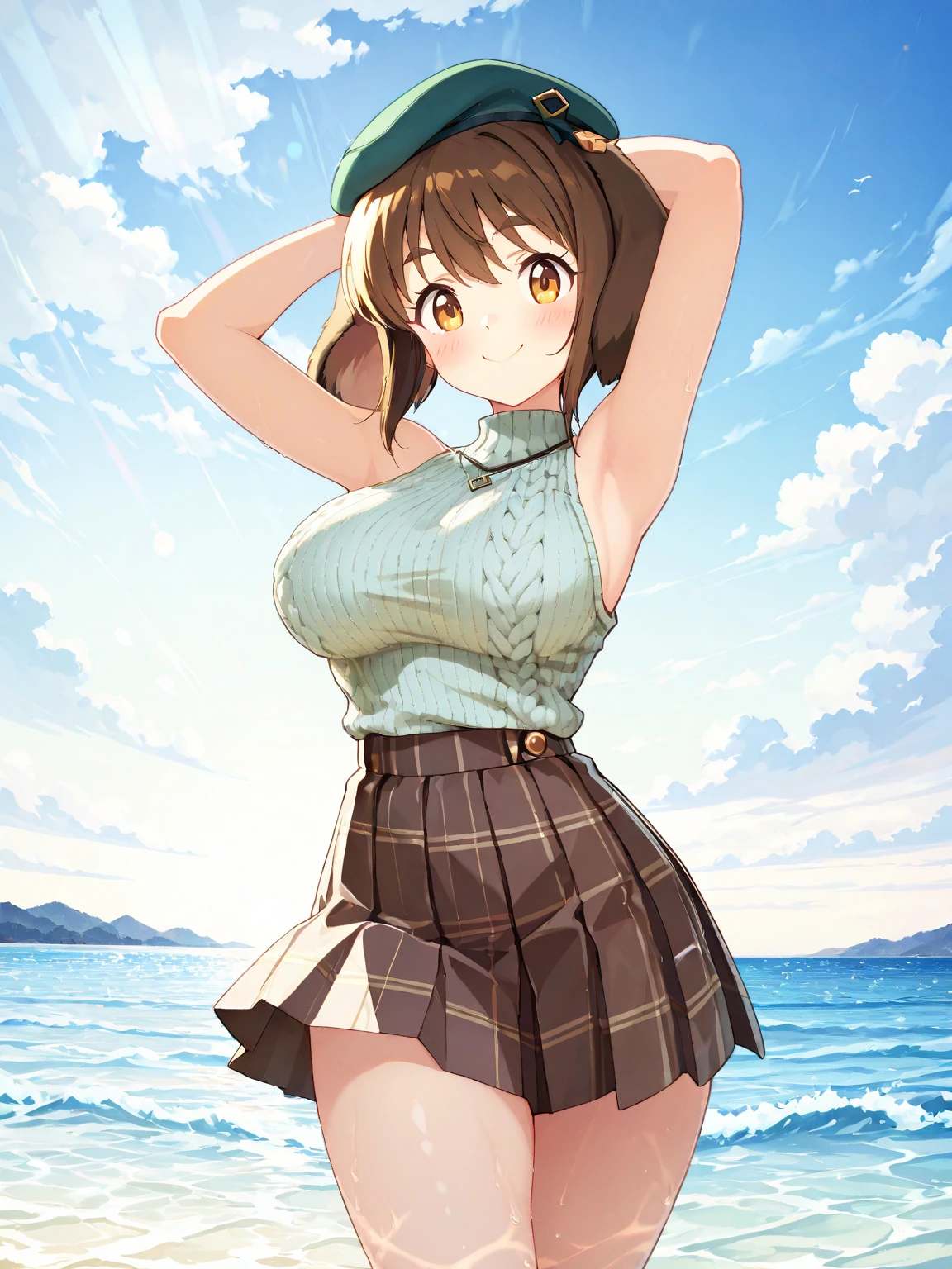 (masutepiece), (pantypull, Undressing, frombelow) , Leaning forward,  1girl in, Beautiful face, Brown hair in the middle , Photo taken by SLDR, Happy, high detailed face, Soft light, , Summer dress), Soft skin, (Sunset, the golden hour)