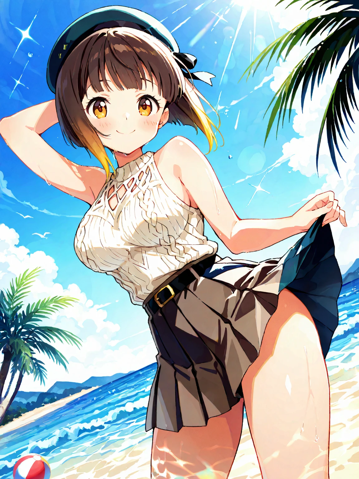 1girl, kunikida hanamaru, brown hair, yellow eyes, blush, messy hair, masterpiece, high quality, detailed body, detailed face, frilly swimsuit, beach