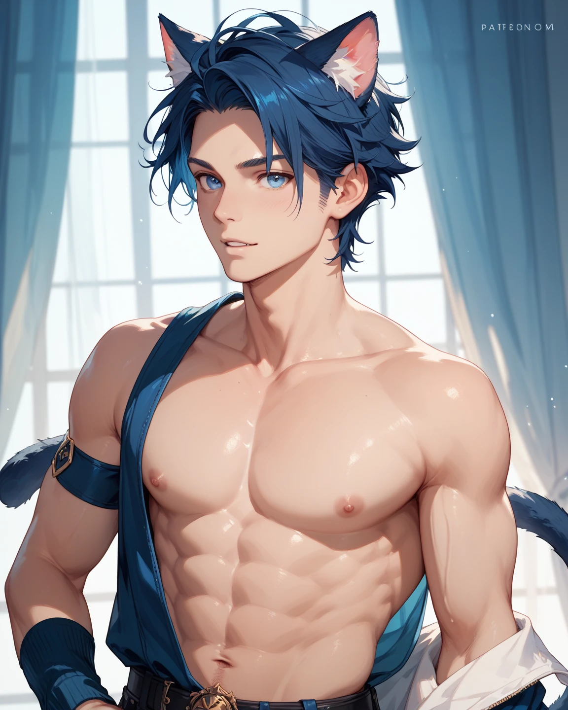 Close-up of a blue-haired cartoon male character, Beautiful Celestial Mage, Heavenly Aura, solo, Purple cyan long hair boy, Knight of Zodiac Boy, Sparkling Magical Boy, Royal Elegant Pose, Anime man in blue bikini, Anime man in belly button costume, Anime Prince, Blue crop top, Muscular man, Blue mini skirt, A magical aura around him, Masculine and muscular, Portrait of Zodiac Boy Knight, Magical Glossy Skin, at night!!, Male focus, Bare legs,  Bare shoulders, Bare Arms,