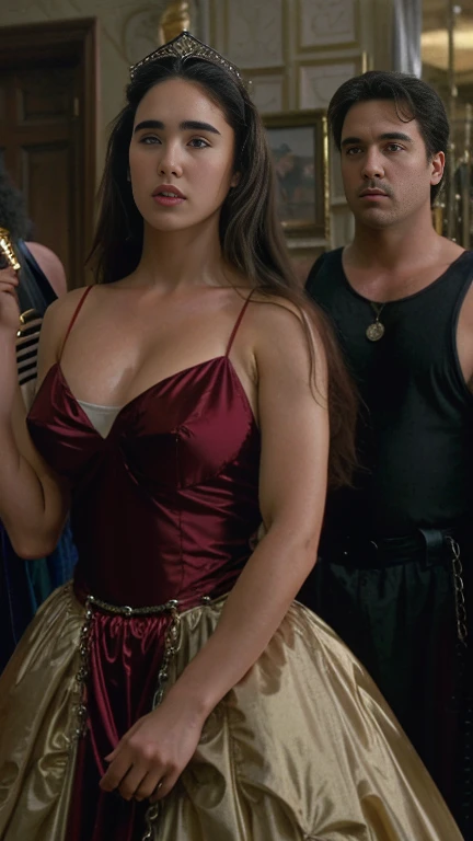 Naked Cinderella with brown hair in crystal shoes in a corset without a skirt dancing a waltz with a man at a crowded ball in the palace,full naked vagina