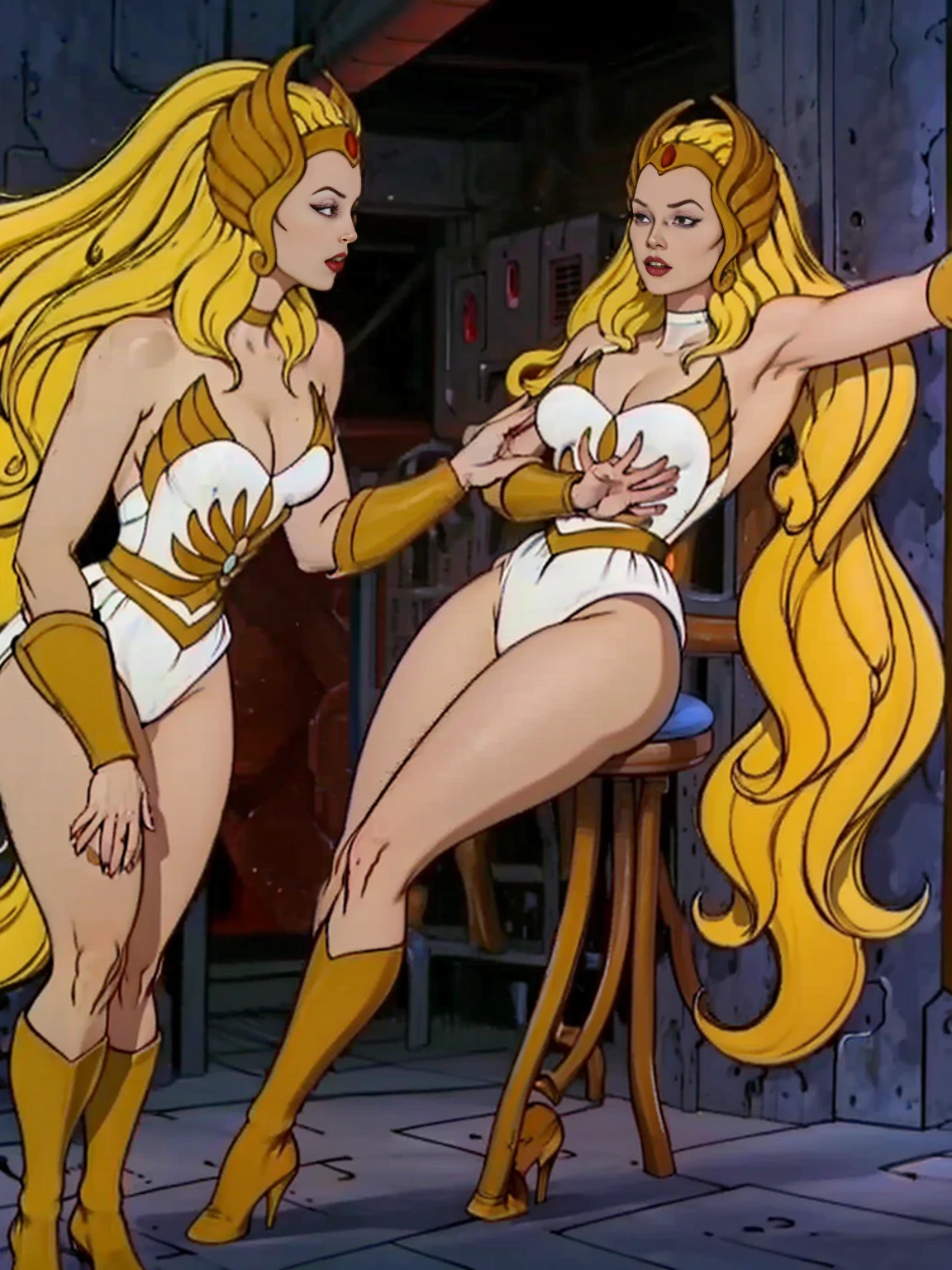 Emma Frost the White Queen of Marvel, is together with Madelyne Pryor the Goblin Queen and Psylocke of Marvel, they are sexy and seductive, with a lascivious and provocative appearance, the Goblin Queen of the X-Men is sitting in a luxurious chair, Psylocke is in standing next to the Goblin Queen, Emma Frost is lying on her side on the carpet, at the feet of the Goblin Queen, Emma Frost is sensualizing. Topless, big breasts. luxury mansion bedroom, detailed window. Work of art, UHD, ultra detailed, perfect bodies, beautiful legs.