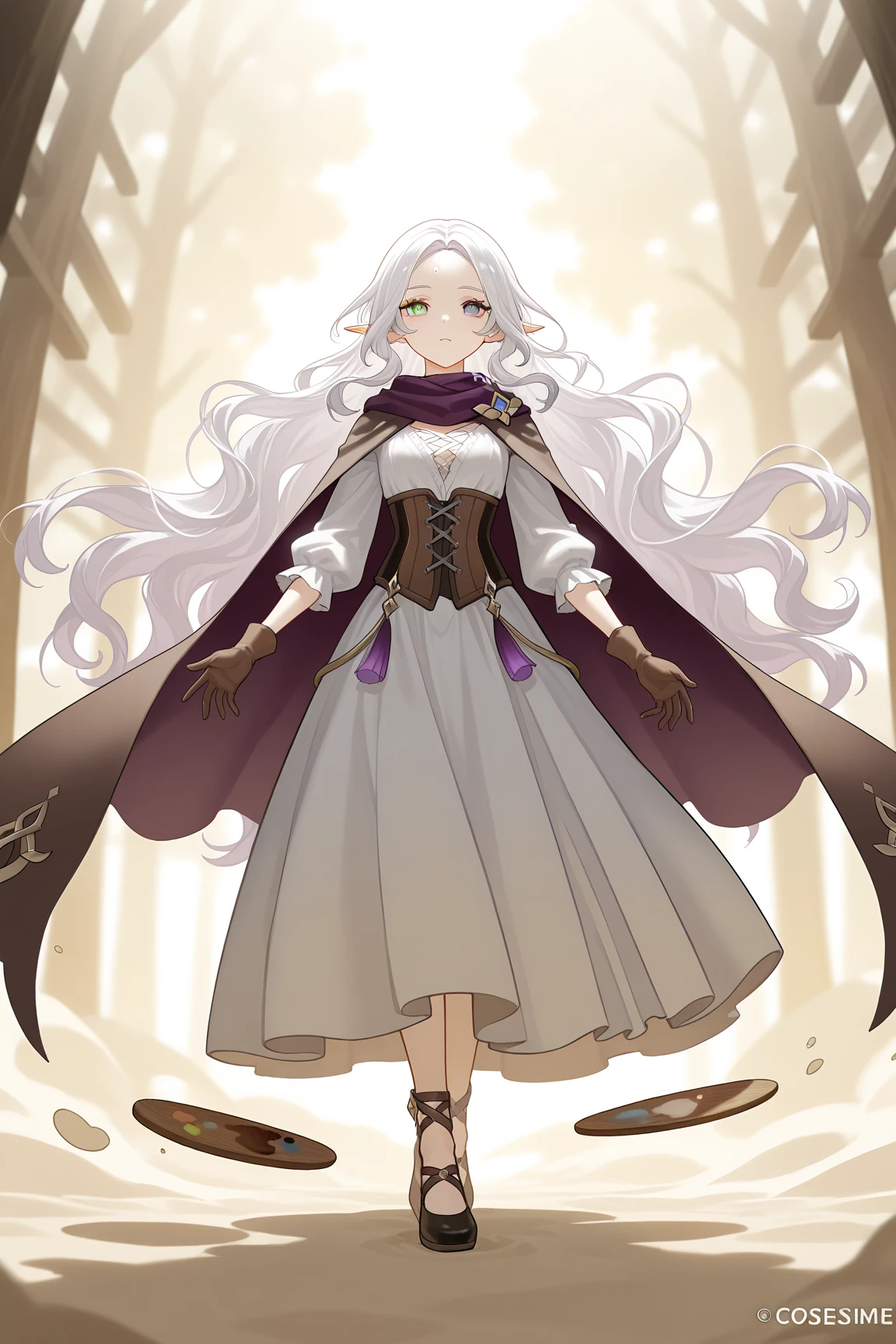 photography of a beautiful young medieval woman, beautiful dress, outside,, anime, sleepy